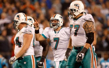 CHARLOTTE, NC - NOVEMBER 19:  Chad Henne #7 of the Miami Dolphins leads his team down the field against the Carolina Panthers during their game at Bank of America Stadium on November 19, 2009 in Charlotte, North Carolina.  (Photo by Streeter Lecka/Getty I