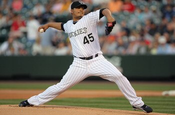 DENVER, CO - MAY 09:  Starting pitcher Jhoulys Chacin #45 of the Colorado Rockies delivers against the New York Mets at Coors Field on May 9, 2011 in Denver, Colorado.  (Photo by Doug Pensinger/Getty Images)