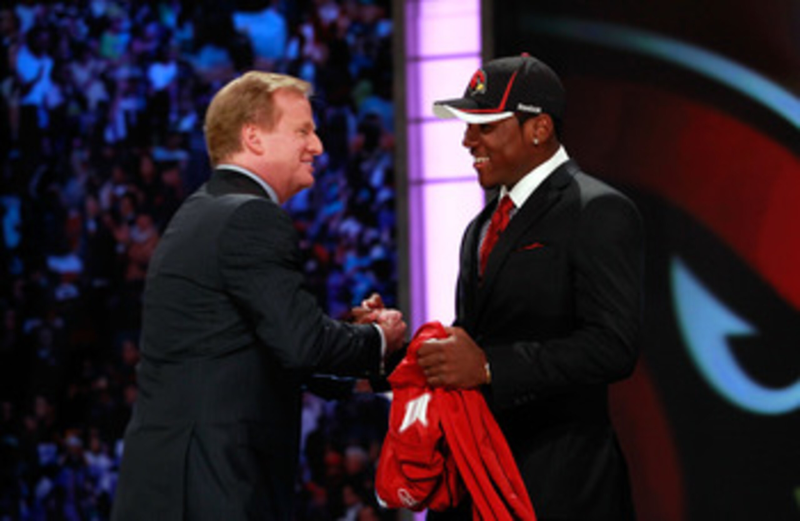 NEW YORK, NY - APRIL 28:  NFL Commissioner Roger Goodell (L) greets Patrick Peterson, #5 overall pick by the Arizona Cardinals, during the 2011 NFL Draft at Radio City Music Hall on April 28, 2011 in New York City.  (Photo by Chris Trotman/Getty Images)