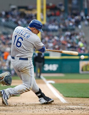 DETROIT - APRIL 09:  Billy Butler #16 of the Kansas City Royals doubles to left field in the ninth inning during the game against the Detroit Tigers at Comerica Park on April 9, 2011 in Detroit, Michigan. The Royals defeated the Tigers 3-1. (Photo by Leon