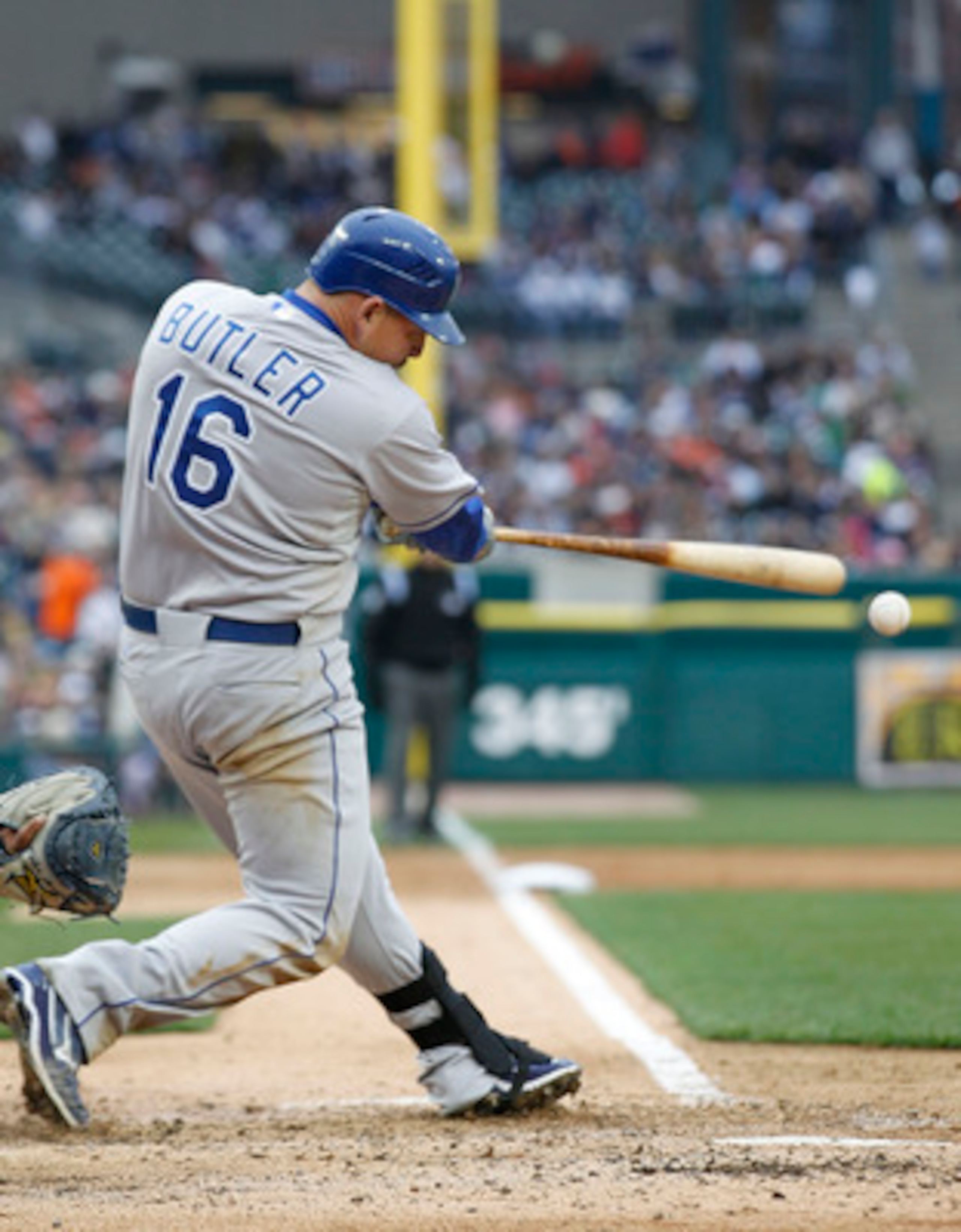 DETROIT - APRIL 09:  Billy Butler #16 of the Kansas City Royals doubles to left field in the ninth inning during the game against the Detroit Tigers at Comerica Park on April 9, 2011 in Detroit, Michigan. The Royals defeated the Tigers 3-1. (Photo by Leon