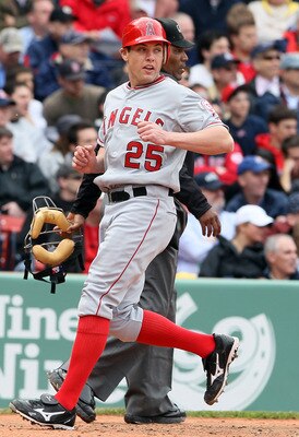 BOSTON, MA - MAY 05:  Peter Bourjos #25 of the Los Angeles Angels scores a run in the fourth inning against the Boston Red Sox on May 5, 2011 at Fenway Park in Boston, Massachusetts.  (Photo by Elsa/Getty Images)