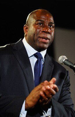 LOS ANGELES, CA - FEBRUARY 01:  Los Angeles Lakers basketball great Magic Johnson speaks during an event announcing naming rights for the new football stadium Farmers Field at Los Angeles Convention Center on February 1, 2011 in Los Angeles, California. A