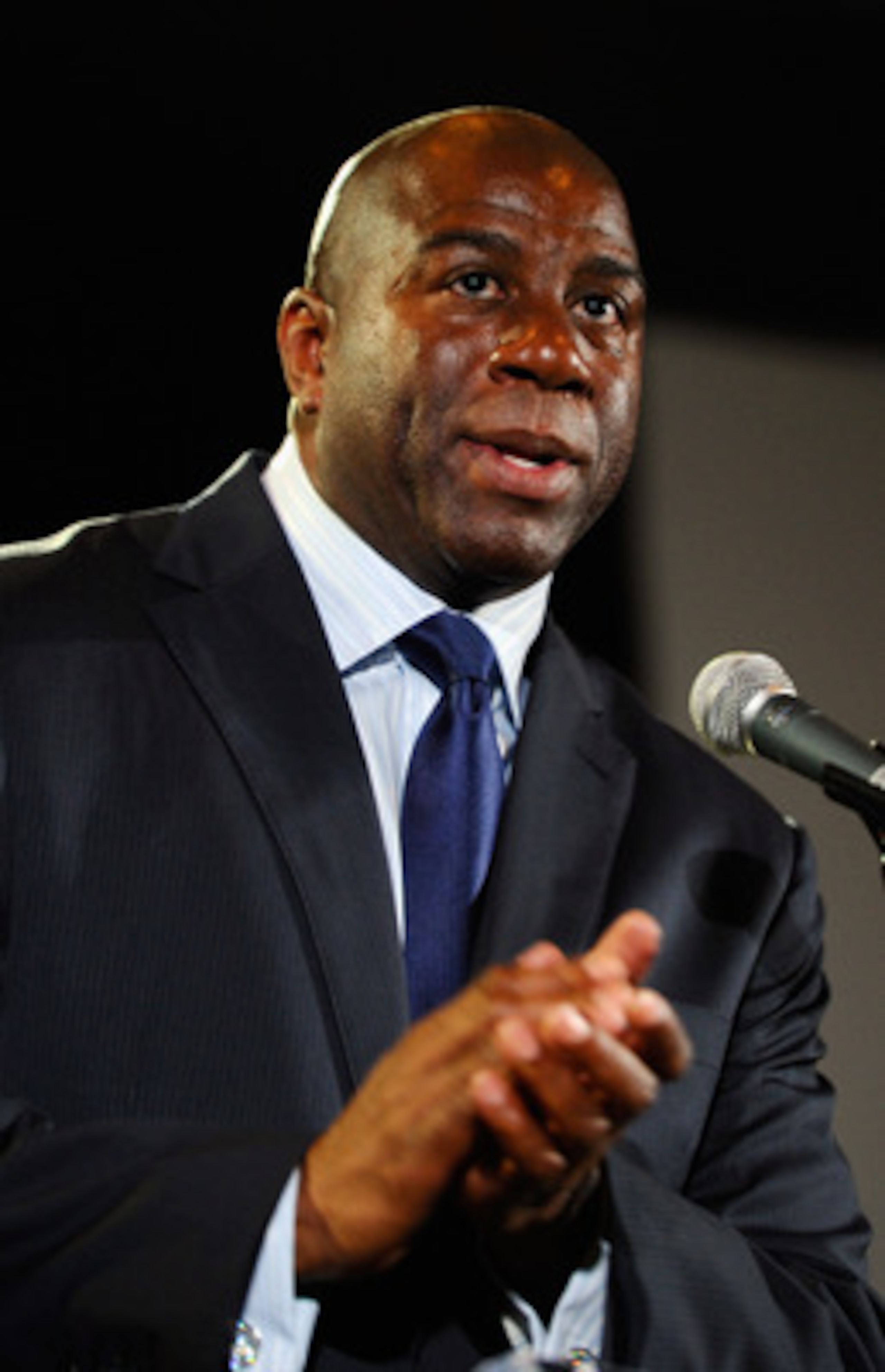 LOS ANGELES, CA - FEBRUARY 01:  Los Angeles Lakers basketball great Magic Johnson speaks during an event announcing naming rights for the new football stadium Farmers Field at Los Angeles Convention Center on February 1, 2011 in Los Angeles, California. A
