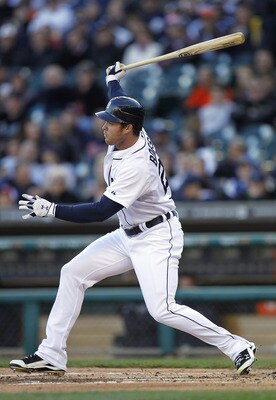 DETROIT, MI - MAY 04: Brennan Boesch #26 of the Detroit Tigers hits a first inning single while playing the New York Yankees at Comerica Park on May 4, 2011 in Detroit, Michigan. Detroit won the game 4-0.(Photo by Gregory Shamus/Getty Images)