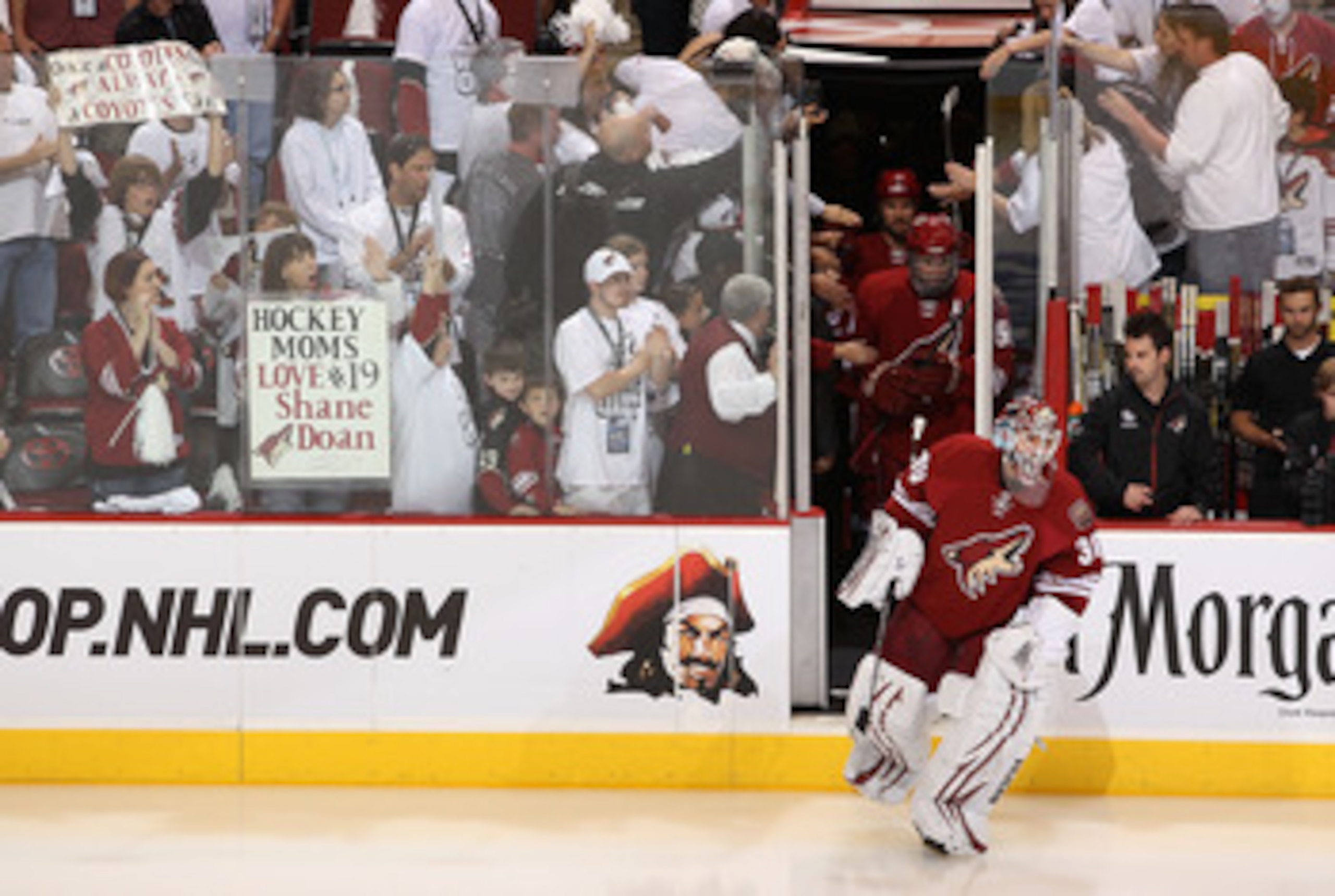 GLENDALE, AZ - APRIL 20:  Goaltender Ilya Bryzgalov #30 of the Phoenix Coyotes skates out onto the ice for warm ups to Game Four of the Western Conference Quarterfinals against the Detroit Red Wings during the 2011 NHL Stanley Cup Playoffs at Jobing.com A
