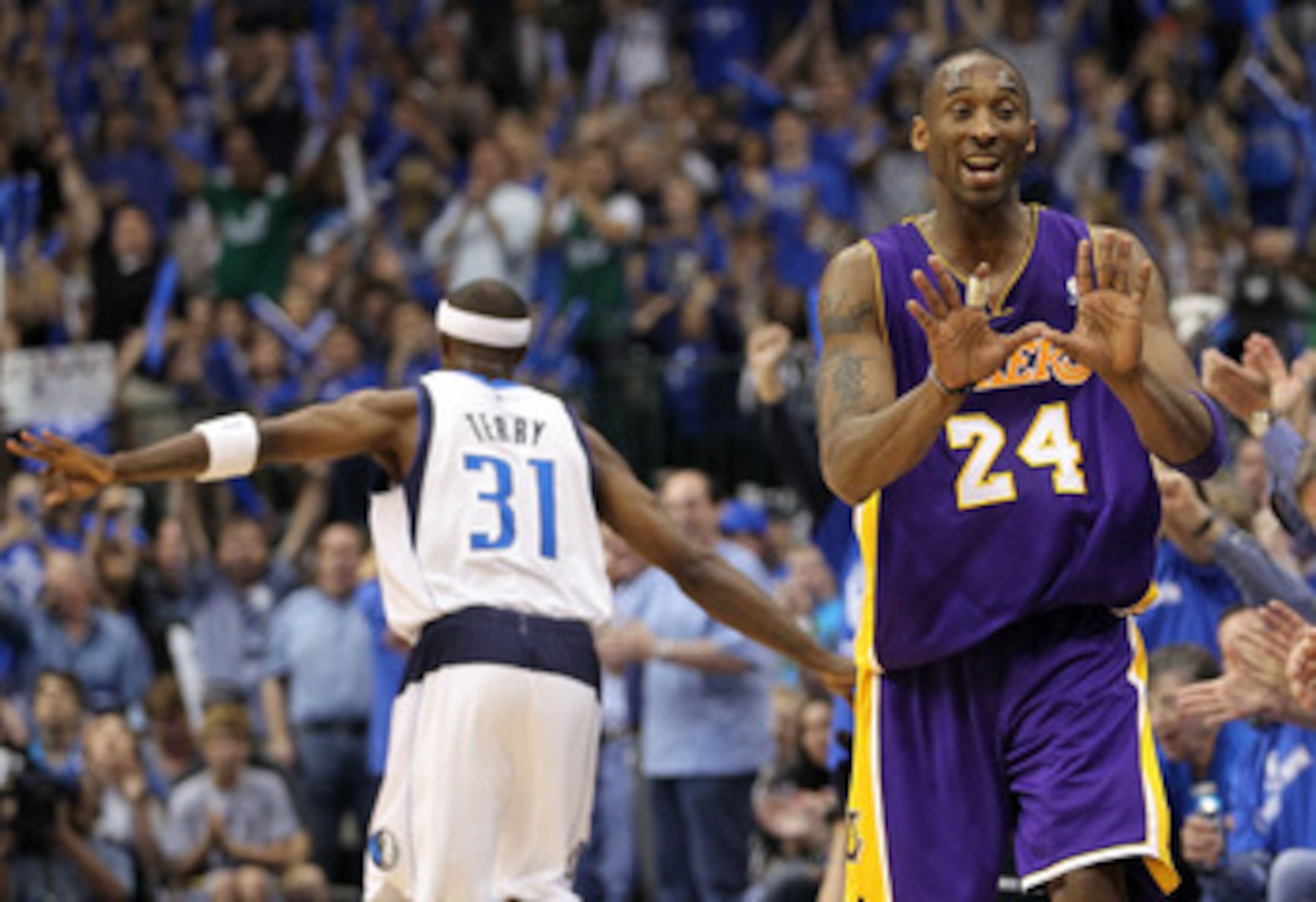 DALLAS, TX - MAY 08:  Guard Kobe Bryant #24 of the Los Angeles Lakers reacts after a three-point shot by Jason Terry #31 of the Dallas Mavericks in Game Four of the Western Conference Semifinals during the 2011 NBA Playoffs on May 8, 2011 at American Airl