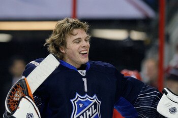RALEIGH, NC - JANUARY 30:  Jonas Hiller #1 of the Anaheim Ducks and Team Lidstrom takes a break during their game against Team Staal in the 58th NHL All-Star Game at RBC Center on January 30, 2011 in Raleigh, North Carolina.  (Photo by Kevin C. Cox/Getty 