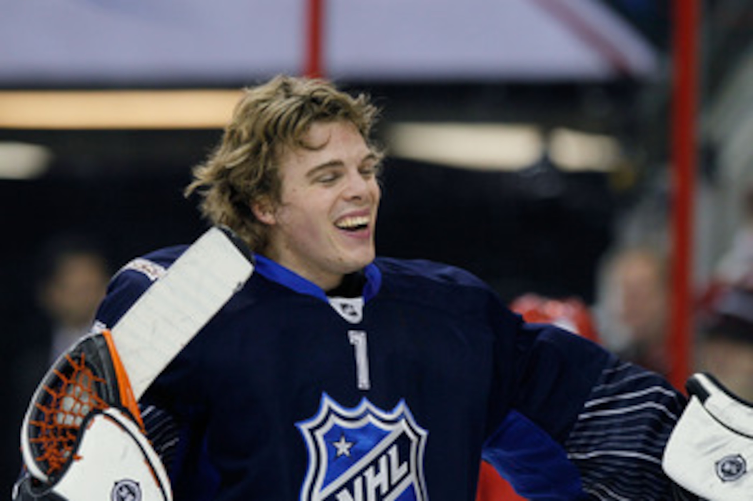RALEIGH, NC - JANUARY 30:  Jonas Hiller #1 of the Anaheim Ducks and Team Lidstrom takes a break during their game against Team Staal in the 58th NHL All-Star Game at RBC Center on January 30, 2011 in Raleigh, North Carolina.  (Photo by Kevin C. Cox/Getty 