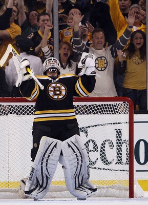 BOSTON, MA - MAY 06:  Tim Thomas #30 of the Boston Bruins celebrates the win over the Philadelphia Flyers in Game Four of the Eastern Conference Semifinals during the 2011 NHL Stanley Cup Playoffs at TD Garden on May 6, 2011 in Boston, Massachusetts. The 