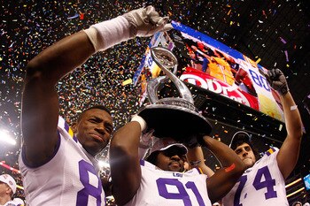 ARLINGTON, TX - JANUARY 07: Members of the Louisiana State University Tigers celebrate after defeating the Texas A&M Aggies 41-24 during the AT&T Cotton Bowl at Cowboys Stadium on January 7, 2011 in Arlington, Texas. (Photo by Chris Graythen/Getty Image ARLINGTON, TX - JANUARY 07: Members of the Louisiana State University Tigers celebrate after defeating the Texas A&M Aggies 41-24 during the AT&T Cotton Bowl at Cowboys Stadium on January 7, 2011 in Arlington, Texas. (Photo by Chris Graythen/Getty Image