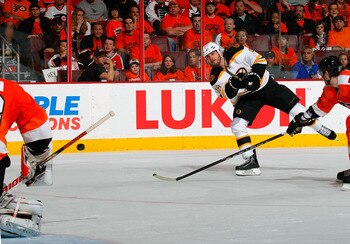 PHILADELPHIA, PA - MAY 02:  Nathan Horton #18 of the Boston Bruins shoots the puck on goal during Game Two of the Eastern Conference Semifinals against the Philadelphia Flyers during the 2011 NHL Stanley Cup Playoffs at Wells Fargo Center on May 2, 2011 i