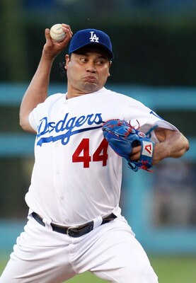 LOS ANGELES, CA - AUGUST 04:  Vicente Padilla #44 of the Los Angeles Dodgers pitches against the San Diego Padres at Dodger Stadium on August 4, 2010 in Los Angeles, California.  (Photo by Jeff Gross/Getty Images)