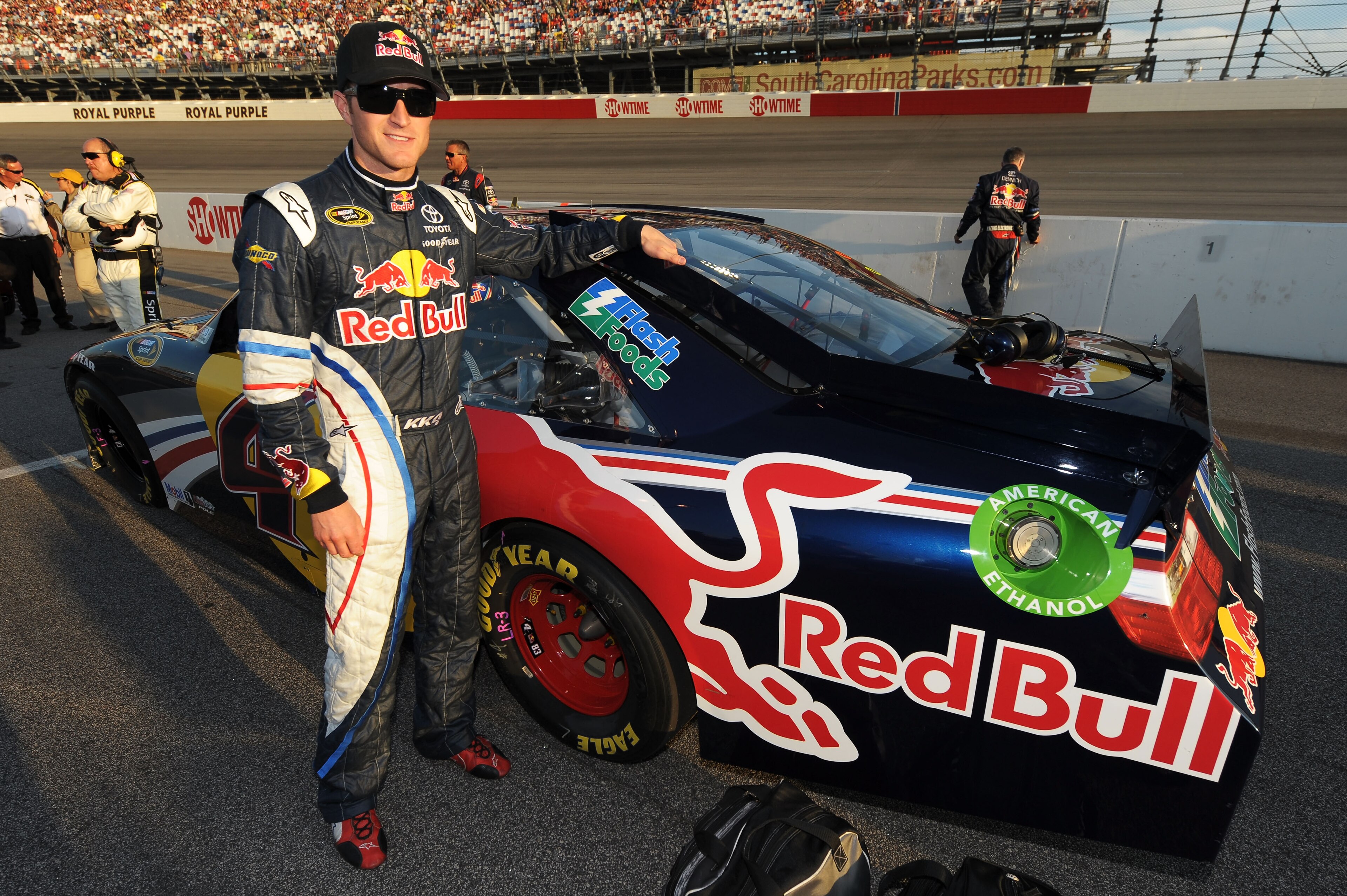 DARLINGTON, SC - MAY 07:  Kasey Kahne, driver of the #4 Red Bull Toyota, stands on the grid prior to the start of the NASCAR Sprint Cup Series SHOWTIME Southern 500 at Darlington Raceway on May 7, 2011 in Darlington, South Carolina.  (Photo by Drew Hallow