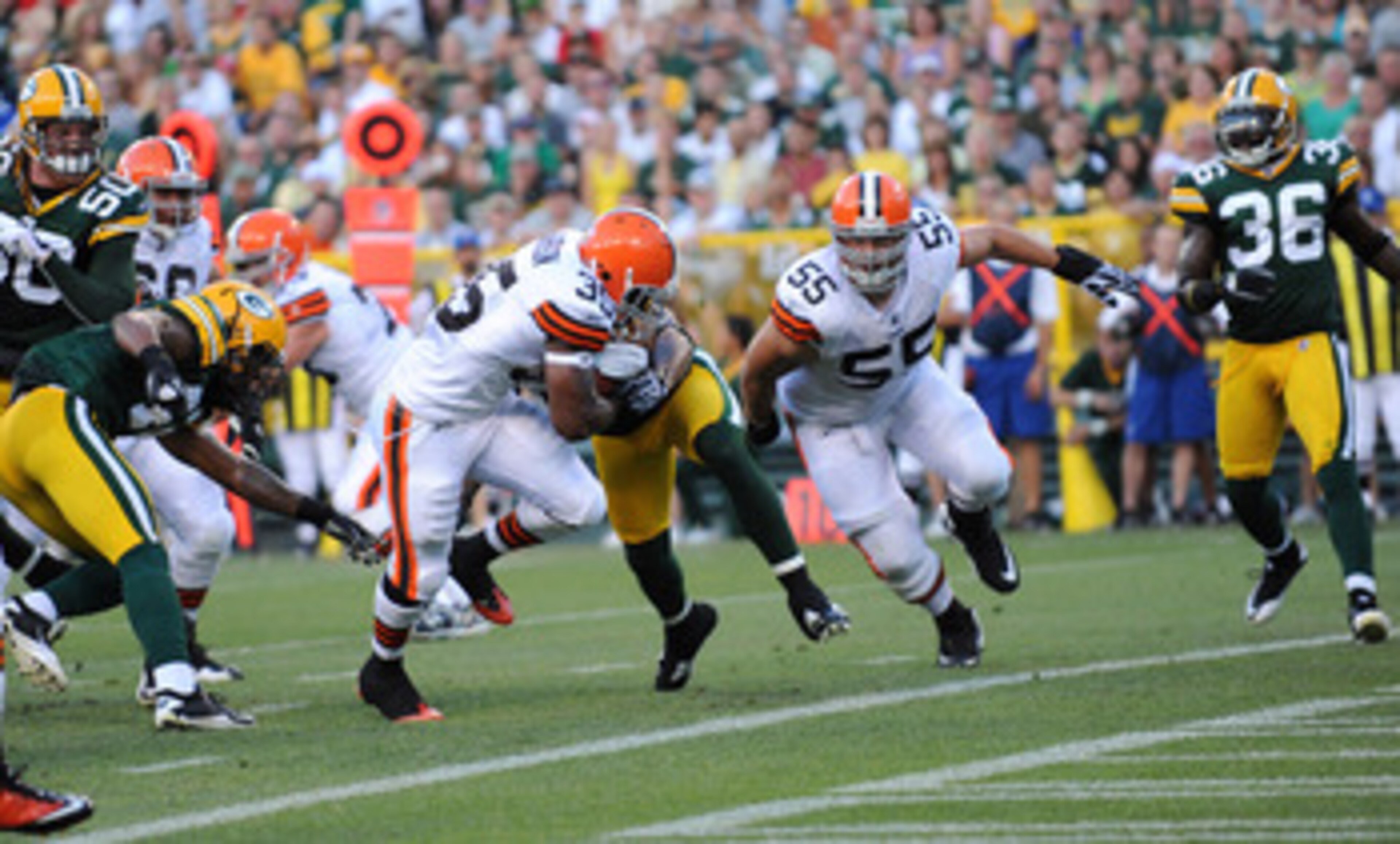 GREEN BAY - AUGUST 14: Jerome Harrison #35 of the Cleveland Browns scores a first quarter touchdown during the NFL preseason game against the Green Bay Packers at Lambeau Field August 14, 2010 in Green Bay, Wisconsin.  (Photo by Tom Dahlin/Getty Images)