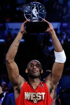 LOS ANGELES, CA - FEBRUARY 20:  Kobe Bryant #24 of the Los Angeles Lakers and the Western Conference celebrates after being named MVP for the fourth time in the 2011 NBA All-Star Game at Staples Center on February 20, 2011 in Los Angeles, California. NOTE