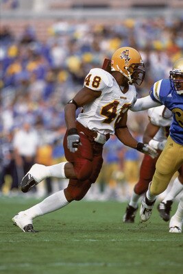 1 Dec 2001:  Terrell Suggs #48 of the Arizona State Sun Devils rumbles around the line during the Pac-10 Conference football game against the UCLA Bruins at the Rose Bowl in Pasadena, California.  The Bruins defeated the Sun Devils 52-42.Mandatory Credit: