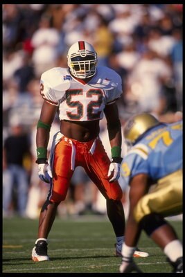 2 Sep 1995:  Linebacker Ray Lewis of the Miami Hurricanes during the Hurricanes 31-8 loss to the UCLA Bruins at the Rose Bowl in Pasadena, California.  Mandatory Credit:  Mike Powell/Allsport