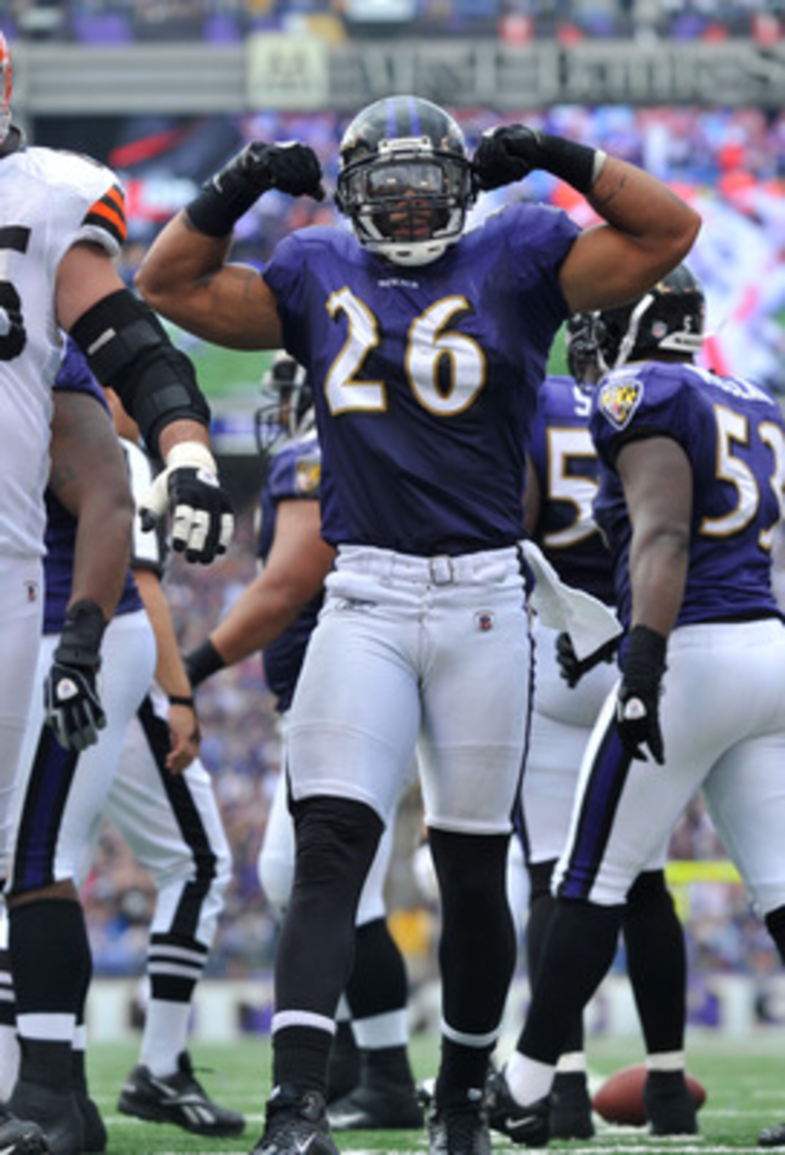 BALTIMORE - SEPTEMBER 26:  Dawan Landry #26 of the Baltimore Ravens celebrates a play against the Cleveland Browns  at M&T Bank Stadium on September 26, 2010 in Baltimore, Maryland. The Ravens defeated the Browns 24-17. (Photo by Larry French/Getty Images