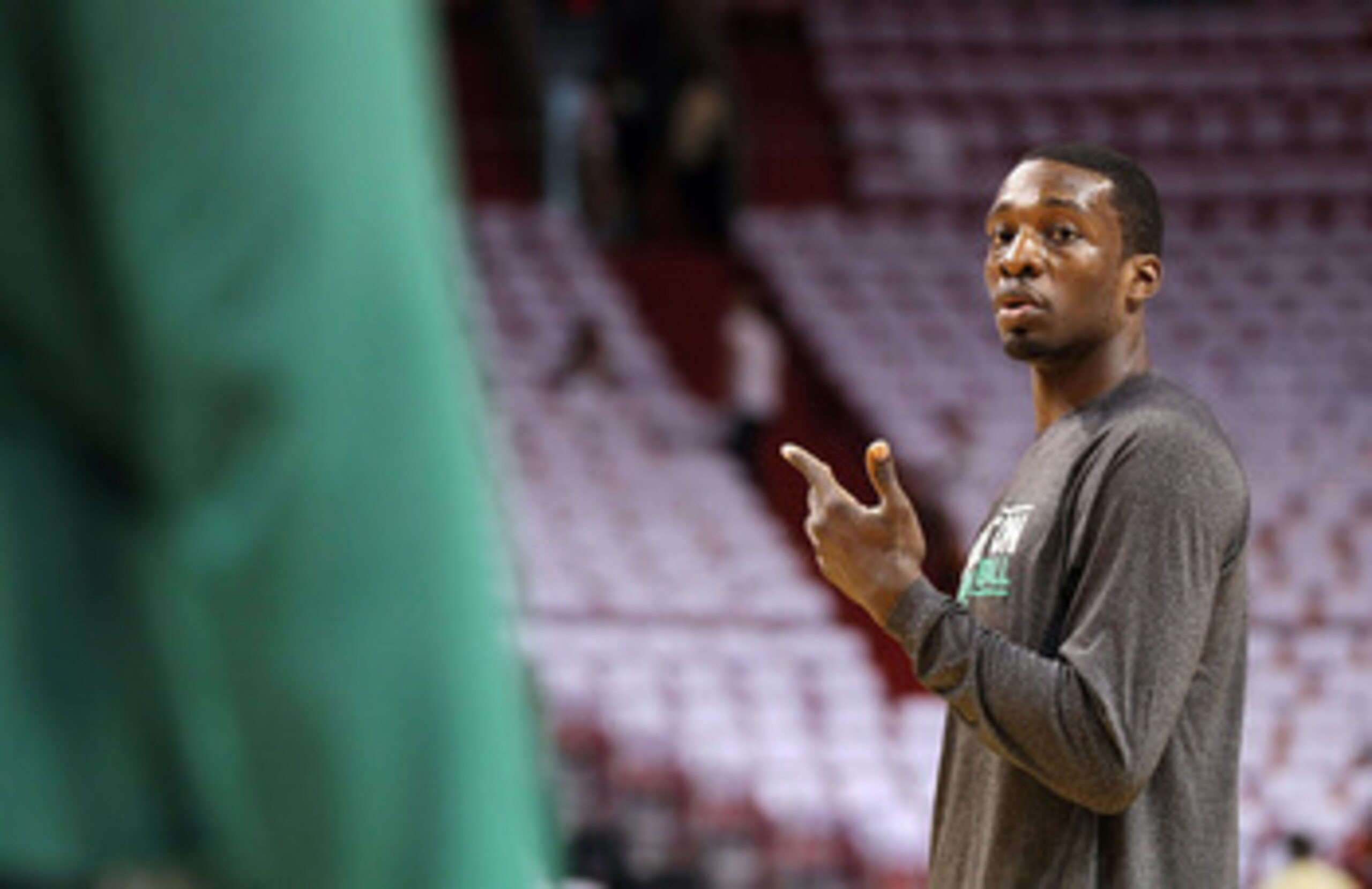 MIAMI, FL - MAY 03: Jeff Green #8 of the Boston Celtics warms up before Game Two of the Eastern Conference Semifinals of the 2011 NBA Playoffs against the Miami Heat at American Airlines Arena on May 3, 2011 in Miami, Florida. NOTE TO USER: User expressly MIAMI, FL - MAY 03: Jeff Green #8 of the Boston Celtics warms up before Game Two of the Eastern Conference Semifinals of the 2011 NBA Playoffs against the Miami Heat at American Airlines Arena on May 3, 2011 in Miami, Florida. NOTE TO USER: User expressly