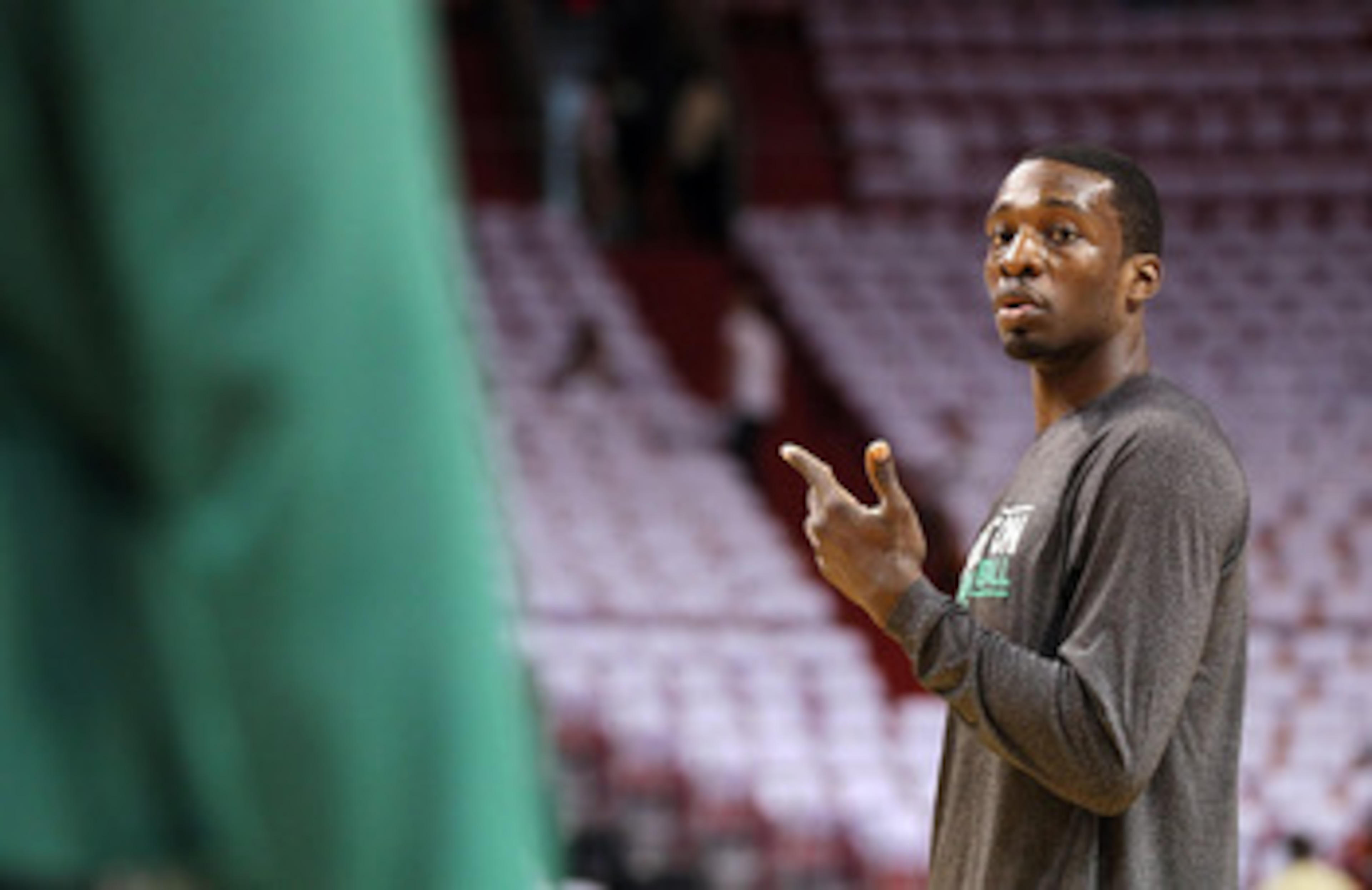 MIAMI, FL - MAY 03: Jeff Green #8 of the Boston Celtics warms up before Game Two of the Eastern Conference Semifinals of the 2011 NBA Playoffs against the Miami Heat at American Airlines Arena on May 3, 2011 in Miami, Florida. NOTE TO USER: User expressly