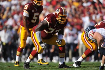 LANDOVER - SEPTEMBER 19: Jammal Brown #77 of the Washington Redskins defends against the Houston Texans at FedExField on September 19, 2010 in Landover, Maryland. The Texans defeated the Redskins in overtime 30-27. (Photo by Larry French/Getty Images) LANDOVER - SEPTEMBER 19: Jammal Brown #77 of the Washington Redskins defends against the Houston Texans at FedExField on September 19, 2010 in Landover, Maryland. The Texans defeated the Redskins in overtime 30-27. (Photo by Larry French/Getty Images)