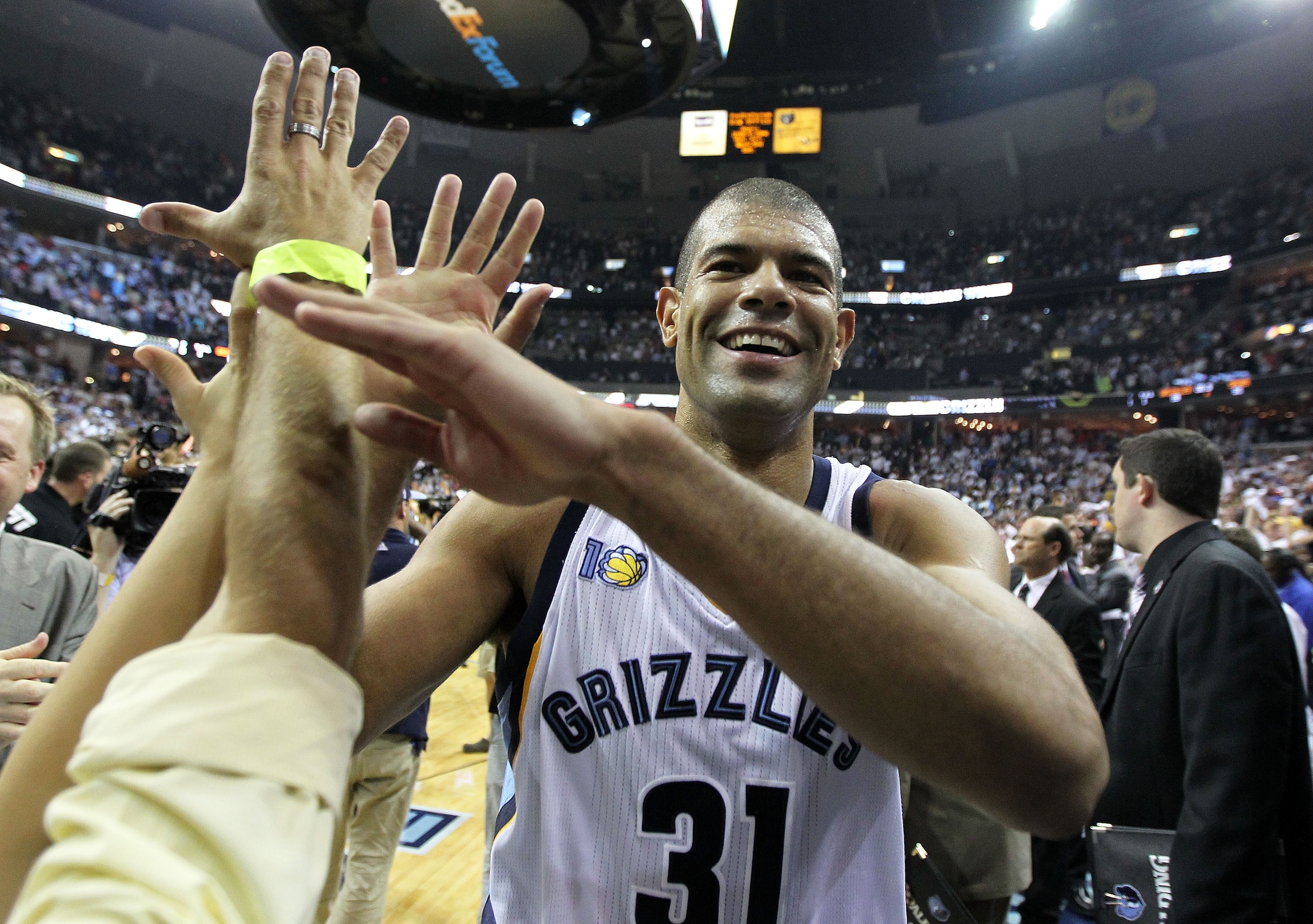 MEMPHIS, TN - APRIL 29: Shane Battier #31 of the Memphis Grizzlies celebrates after the Grizzlies beat the San Antonio Spurs 99-91 in Game Six of the Western Conference Quarterfinals in the 2011 NBA Playoffs at FedExForum on April 29, 2011 in Memphis, Ten