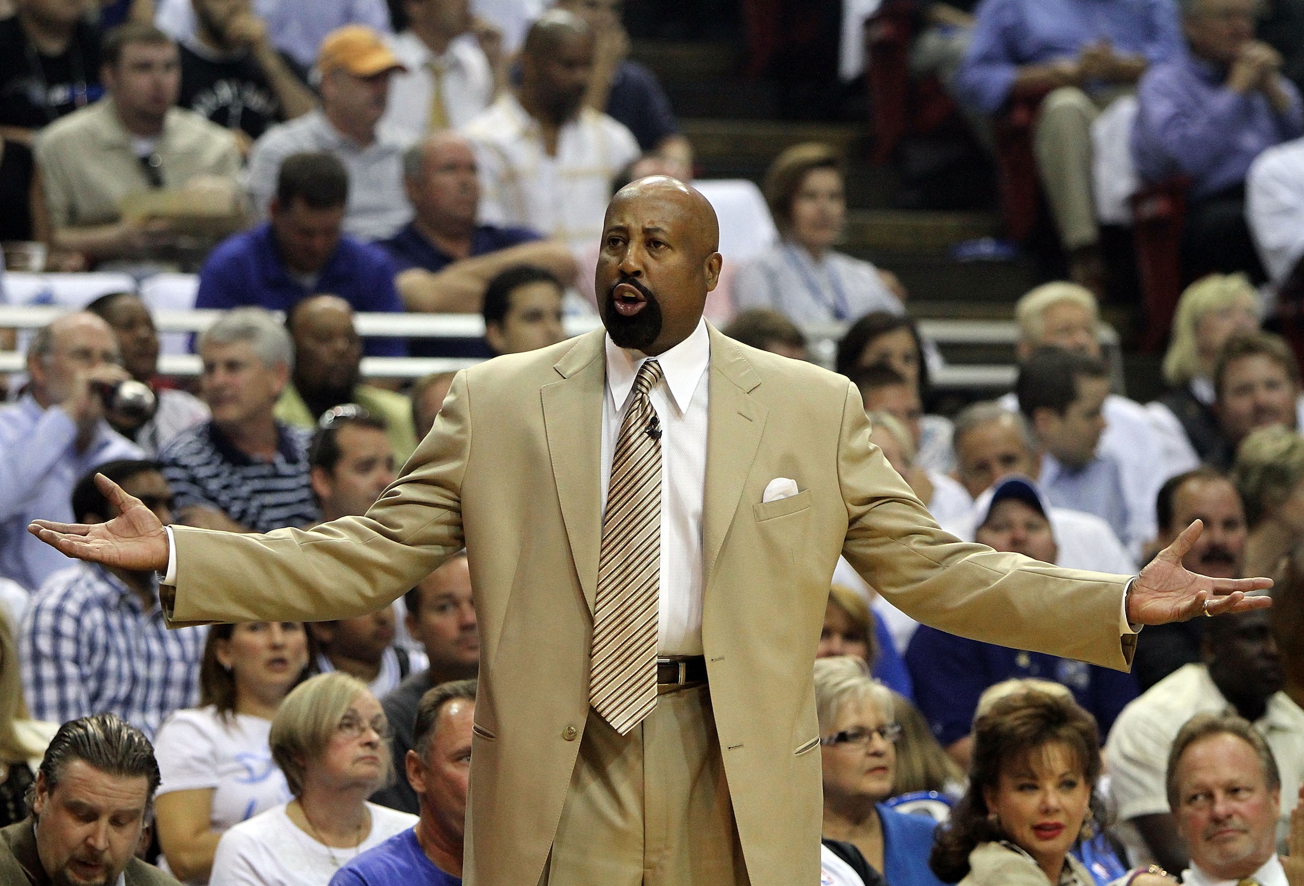 ORLANDO, FL - MAY 04:  Head coach Mike Woodson of the Atlanta Hawks protests to an official while taking on the Orlando Magic in Game One of the Eastern Conference Semifinals during the 2010 NBA Playoffs at Amway Arena on May 4, 2010 in Orlando, Florida.