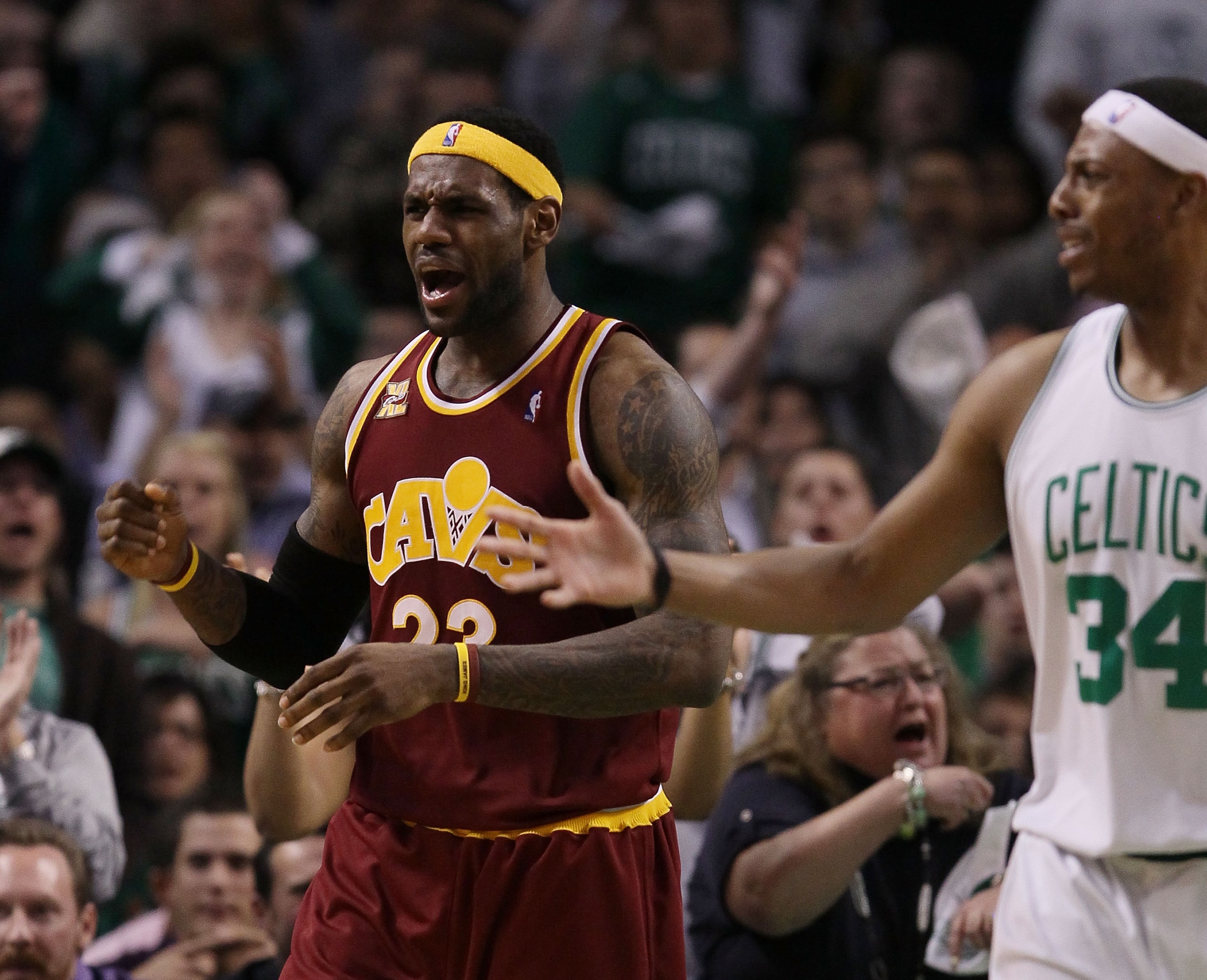 BOSTON - MAY 09:  LeBron James #23 of the Cleveland Cavaliers and Paul Pierce #34 of the Boston Celtics react to a call during Game Four of the Eastern Conference Semifinals of the 2010 NBA playoffs at TD Garden on May 9, 2010 in Boston, Massachusetts  NO