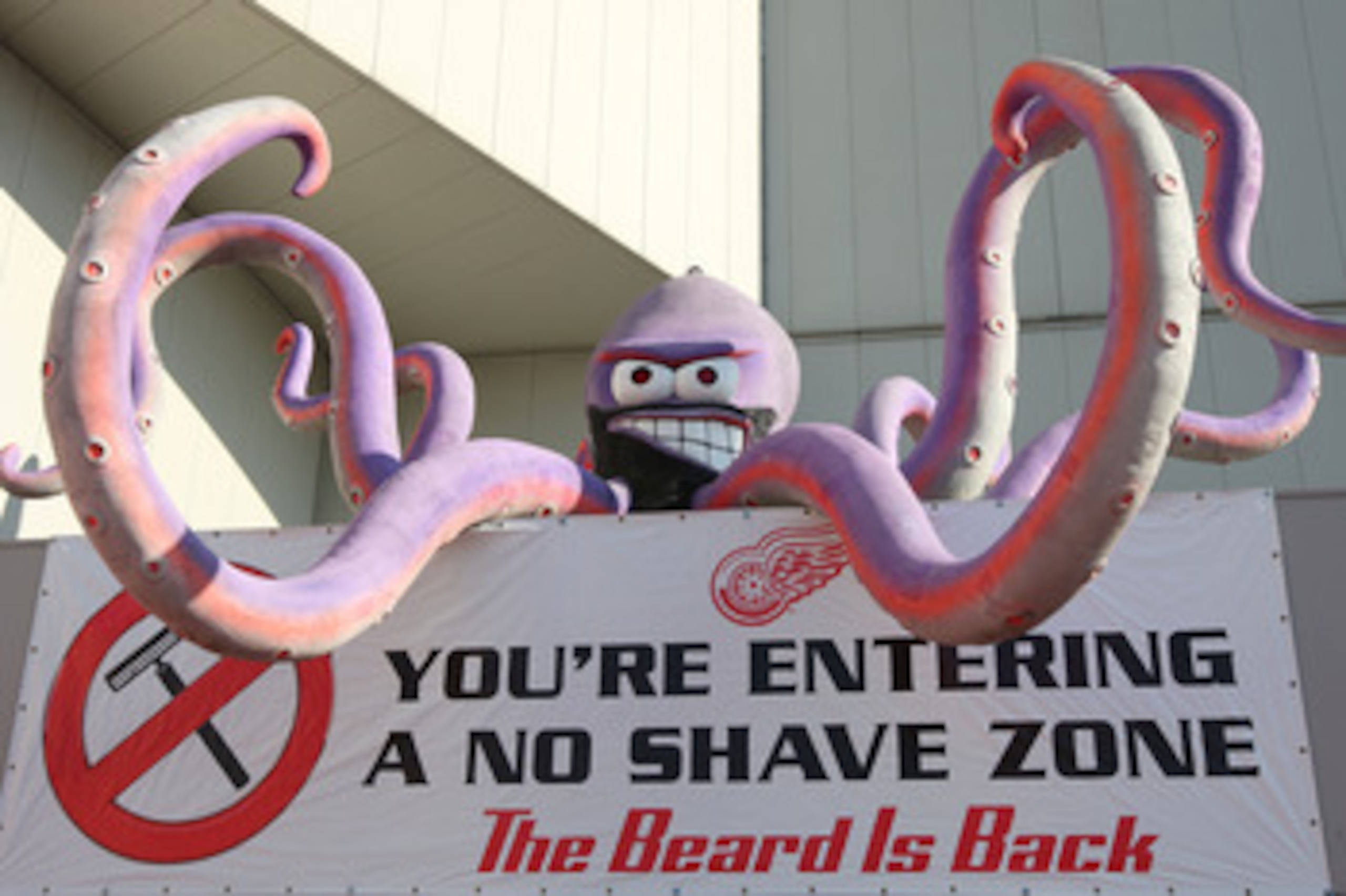 DETROIT - MAY 31: The octopus mascot of the Detroit Red Wings is seen above a a sign reading 'You're Enteriing a No Shave Zone' before Game Two of the 2009 Stanley Cup Finals at Joe Louis Arena on May 31, 2009 in Detroit, Michigan. (Photo by Jim McIsaac DETROIT - MAY 31: The octopus mascot of the Detroit Red Wings is seen above a a sign reading 'You're Enteriing a No Shave Zone' before Game Two of the 2009 Stanley Cup Finals at Joe Louis Arena on May 31, 2009 in Detroit, Michigan. (Photo by Jim McIsaac