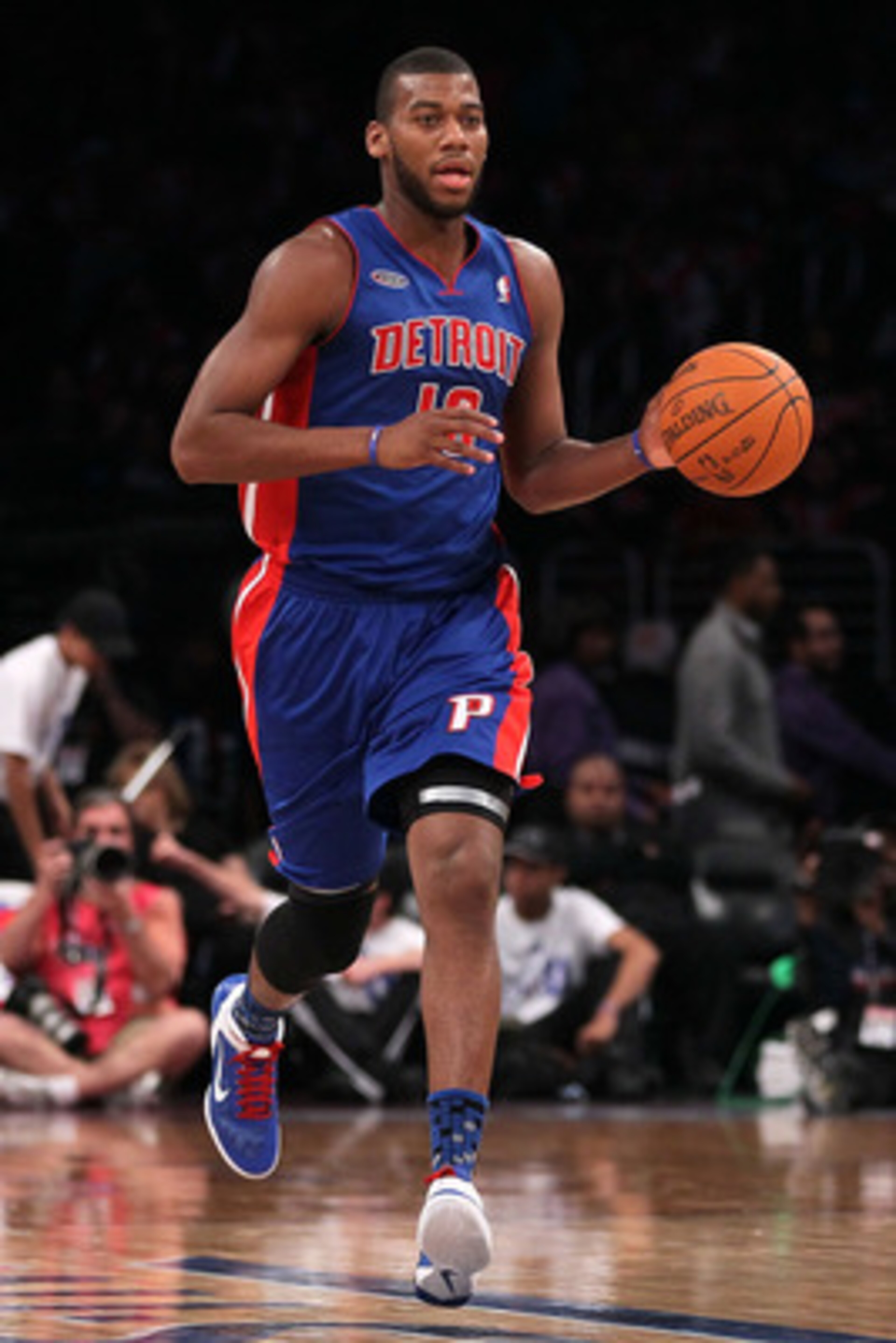 LOS ANGELES, CA - FEBRUARY 18:  Greg Monroe #10 of the Detroit Pistons and the Rookie Team moves the ball up court in the first half during the T-Mobile Rookie Challenge and Youth Jam at Staples Center on February 18, 2011 in Los Angeles, California.  (Ph