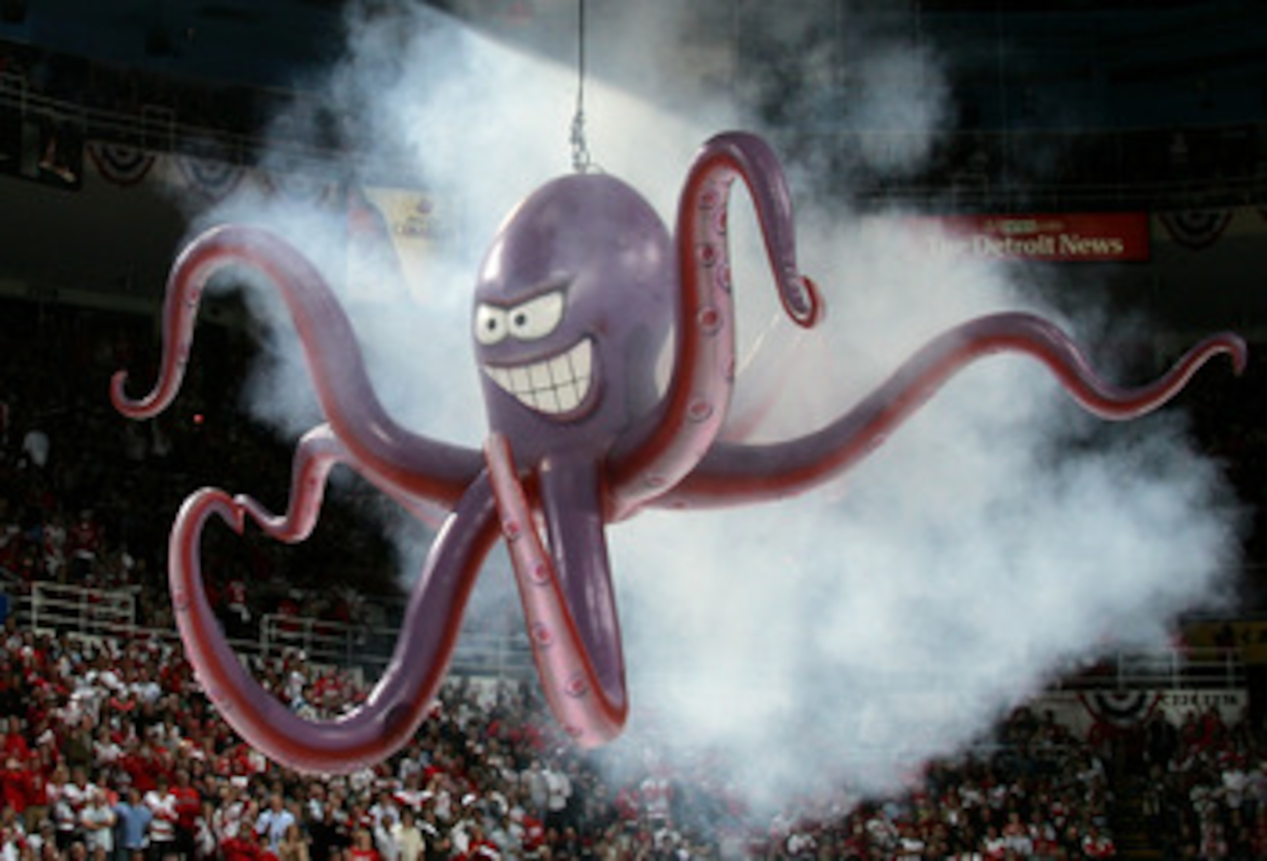 DETROIT - MAY 24: An octopus hangs above the ice before game one of the 2008 NHL Stanley Cup Finals between the Detroit Red Wings and the Pittsburgh Penguins at Joe Louis Arena on May 24, 2008 in Detroit, Michigan. (Photo by Bruce Bennett/Getty Images) DETROIT - MAY 24: An octopus hangs above the ice before game one of the 2008 NHL Stanley Cup Finals between the Detroit Red Wings and the Pittsburgh Penguins at Joe Louis Arena on May 24, 2008 in Detroit, Michigan. (Photo by Bruce Bennett/Getty Images)