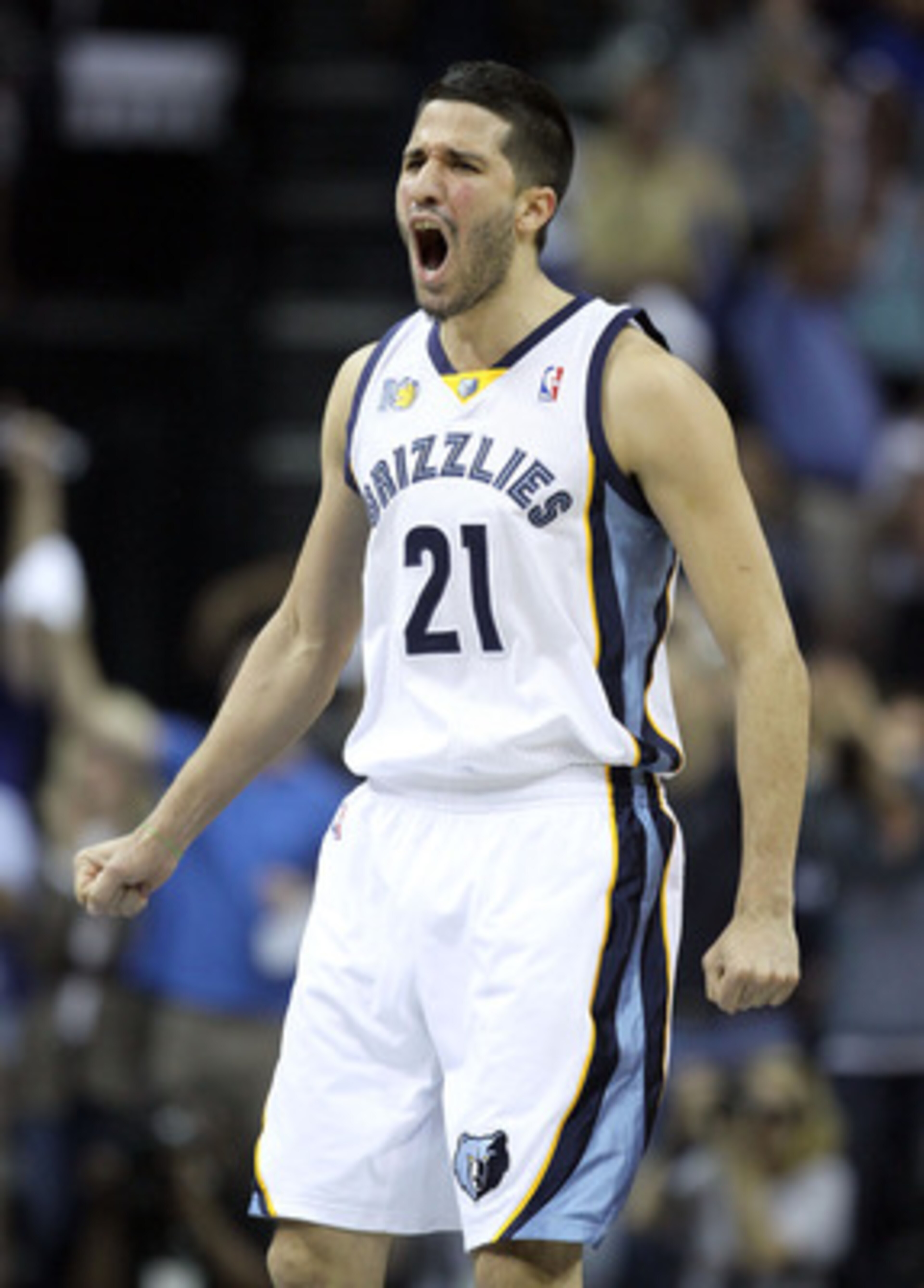 MEMPHIS, TN - APRIL 25: Greivis Vasquez #21 of the   Memphis Grizzlies celebrates during the game against the San Antonio Spurs in Game Four of the Western Conference Quarterfinals in the 2011 NBA Playoffs at FedExForum on April 25, 2011 in Memphis, Tenne