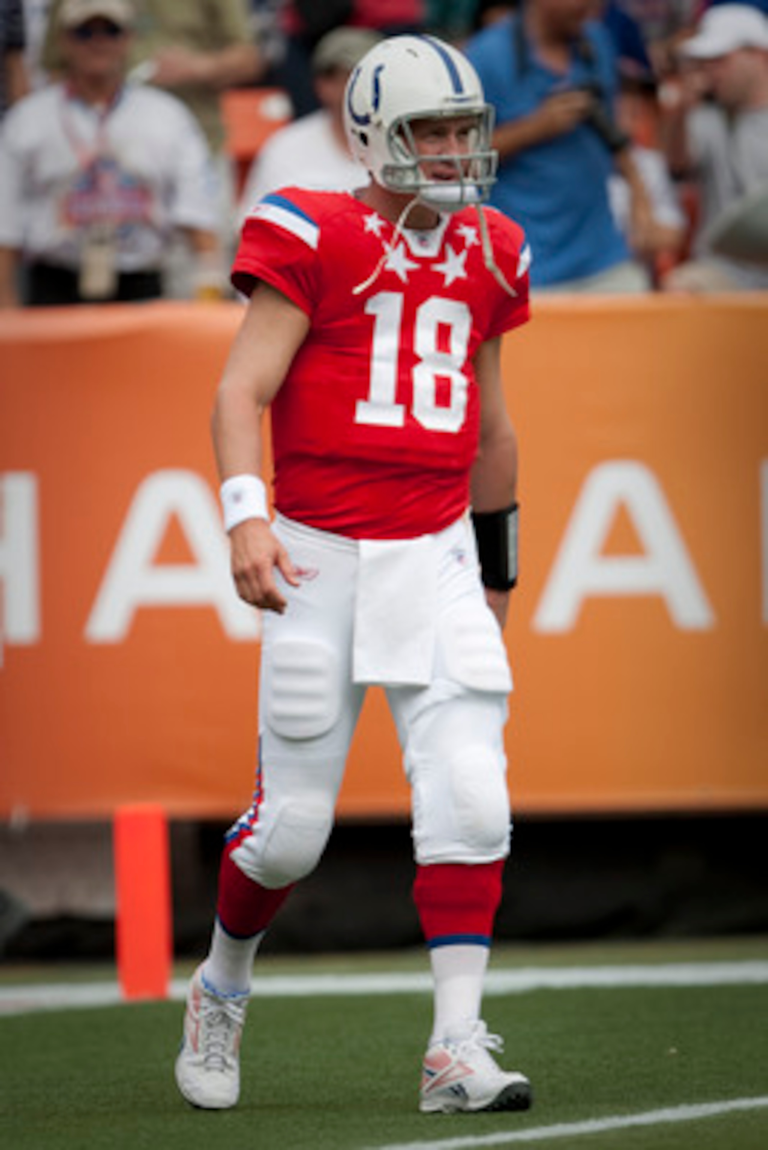 HONOLULU - JANUARY 30:  Peyton Manning, #18 of the Indianapolis Colts, stands on the field during the 2011 NFL Pro Bowl at Aloha Stadium on January 30, 2011 in Honolulu, Hawaii.  (Photo by Kent Nishimura/Getty Images)