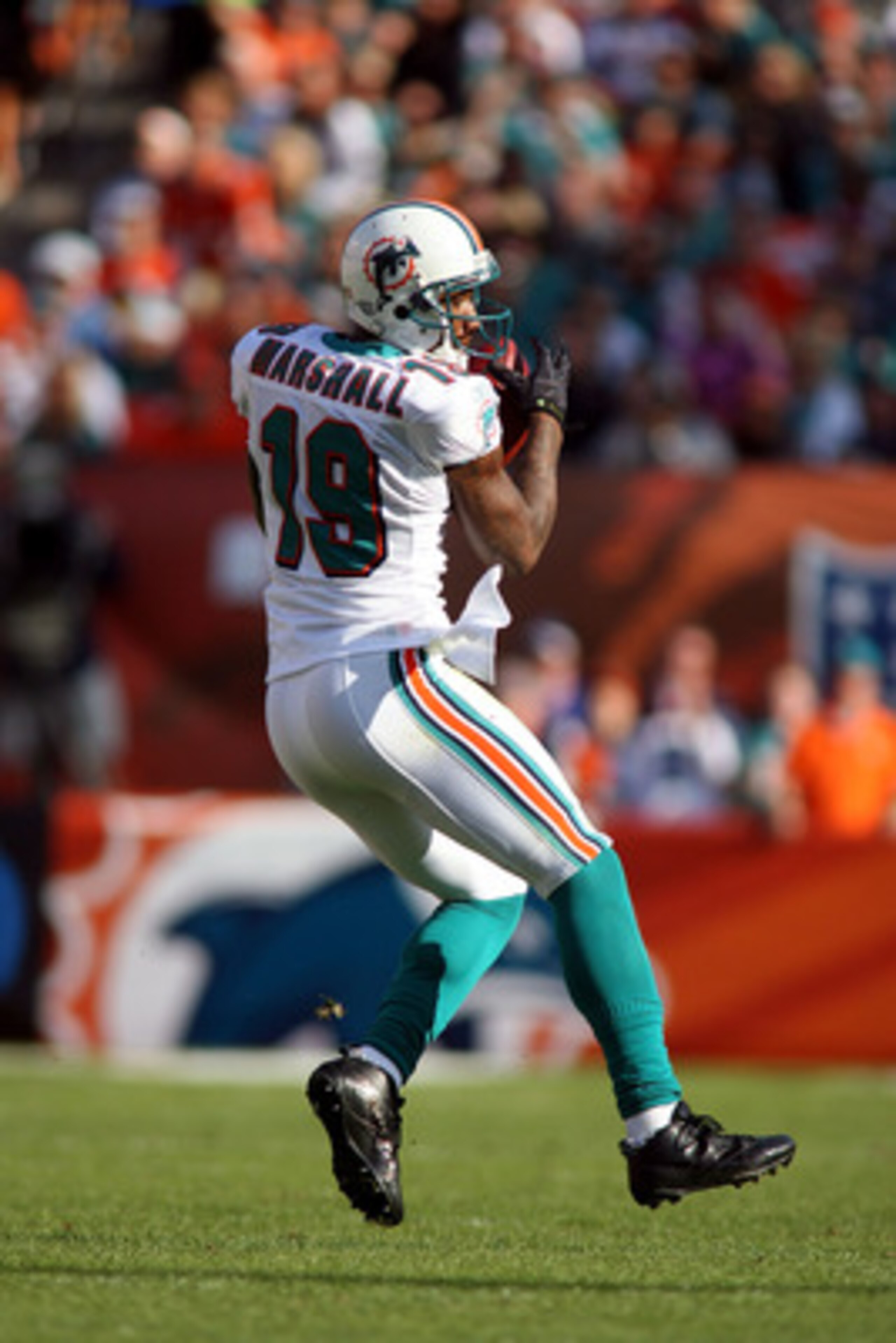 MIAMI, FL - DECEMBER 19:  Receiver Brandon Marshall #19 of the Miami Dolphins makes a catch during a game against the Buffalo Bills at Sun Life Stadium on December 19, 2010 in Miami, Florida. The Bills defeated the Dolphins 17-14.  (Photo by Marc Serota/G