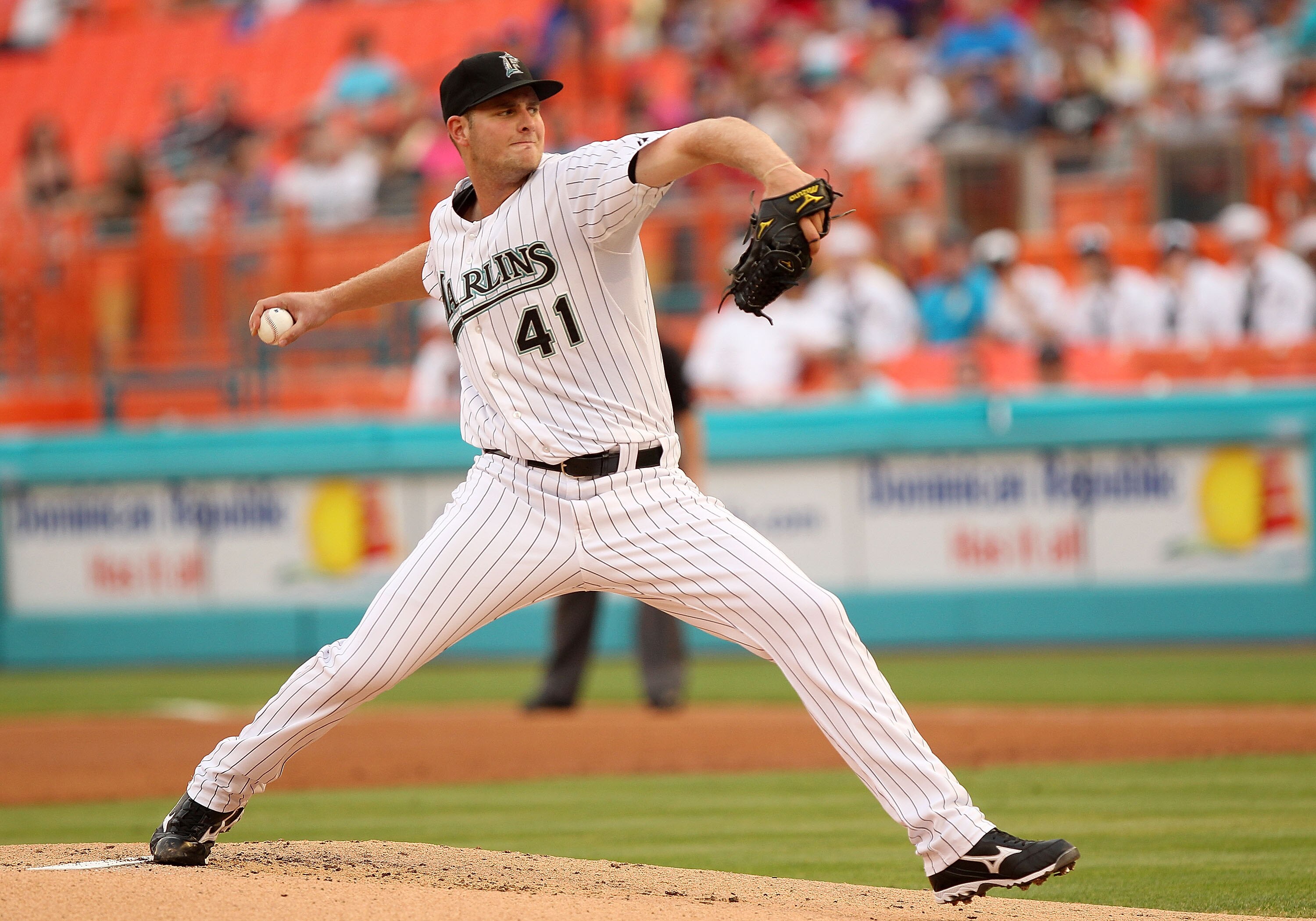 MIAMI GARDENS, FL - APRIL 26:  Chris Volstad #41 of the Florida Marlins pitches during a game against the Los Angeles Dodgers at Sun Life Stadium on April 26, 2011 in Miami Gardens, Florida.  (Photo by Mike Ehrmann/Getty Images)
