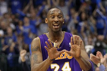 DALLAS, TX - MAY 08:  Guard Kobe Bryant #24 of the Los Angeles Lakers reacts after a three-point shot by Jason Terry #31 of the Dallas Mavericks in Game Four of the Western Conference Semifinals during the 2011 NBA Playoffs on May 8, 2011 at American Airl