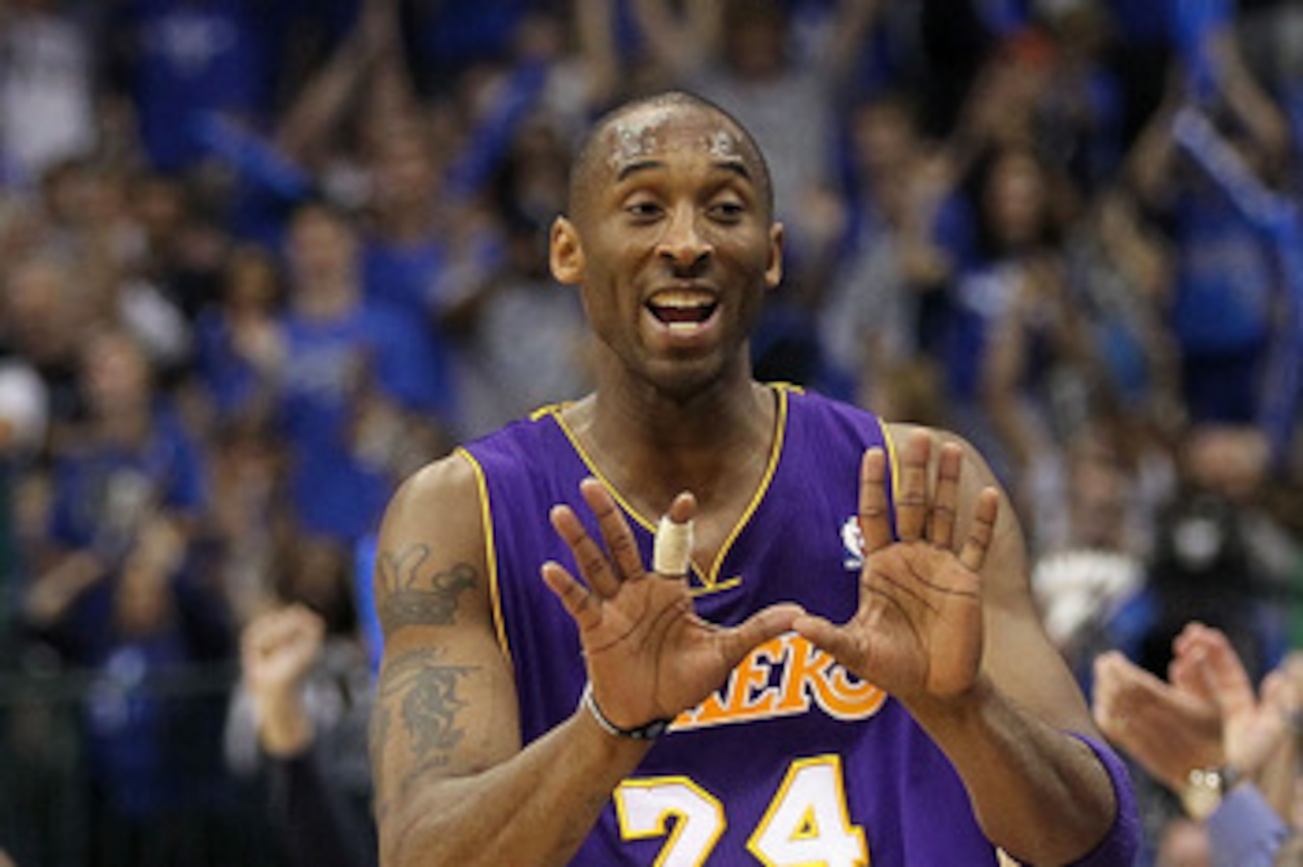 DALLAS, TX - MAY 08:  Guard Kobe Bryant #24 of the Los Angeles Lakers reacts after a three-point shot by Jason Terry #31 of the Dallas Mavericks in Game Four of the Western Conference Semifinals during the 2011 NBA Playoffs on May 8, 2011 at American Airl