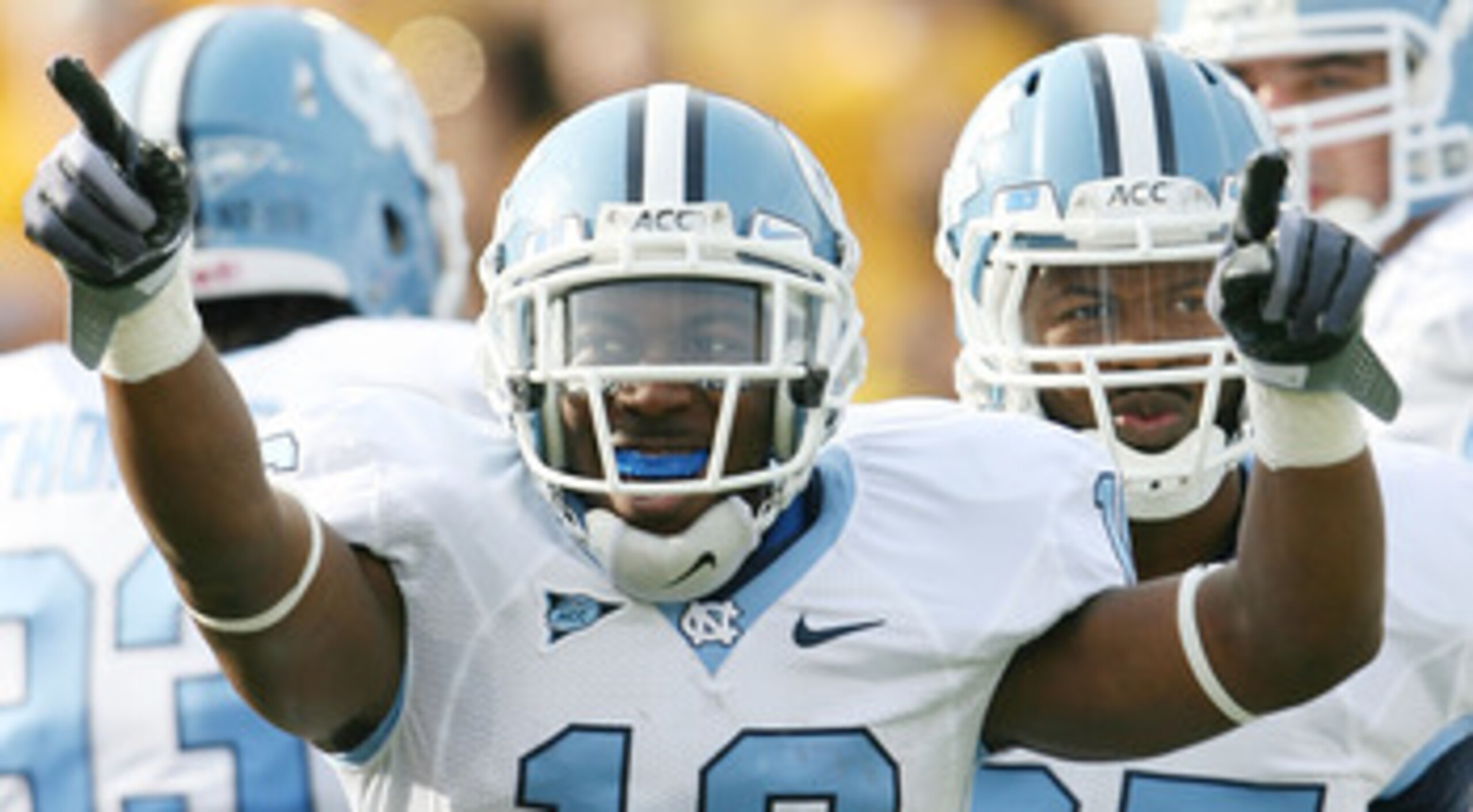 CHESTNUT HILL, MA - NOVEMBER 21:  Kendric Burney #16 of the North Carolina Tar Heels celebrates his touchdown in the first quarter against the Boston College Eagles on November 21, 2009 at Alumni Stadium in Chestnut Hill, Massachusetts.  (Photo by Elsa/Ge