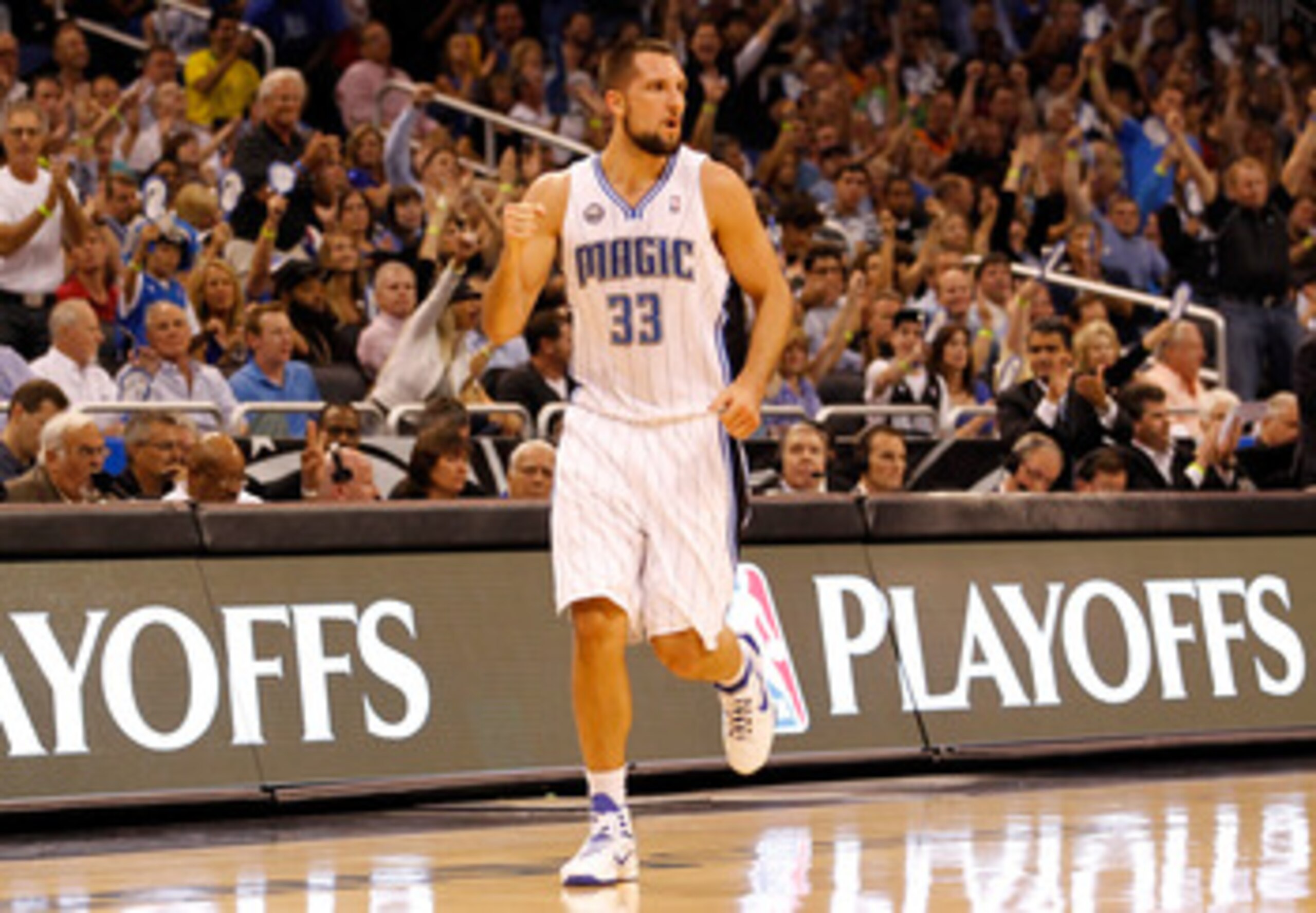 ORLANDO, FL - APRIL 26: Ryan Anderson #33 of the Orlando Magic celebrates a three point shot against the Atlanta Hawks during Game Five of the Eastern Conference Quarterfinals of the 2011 NBA Playoffs on April 26, 2011 at the Amway Arena in Orlando, Flor ORLANDO, FL - APRIL 26: Ryan Anderson #33 of the Orlando Magic celebrates a three point shot against the Atlanta Hawks during Game Five of the Eastern Conference Quarterfinals of the 2011 NBA Playoffs on April 26, 2011 at the Amway Arena in Orlando, Flor
