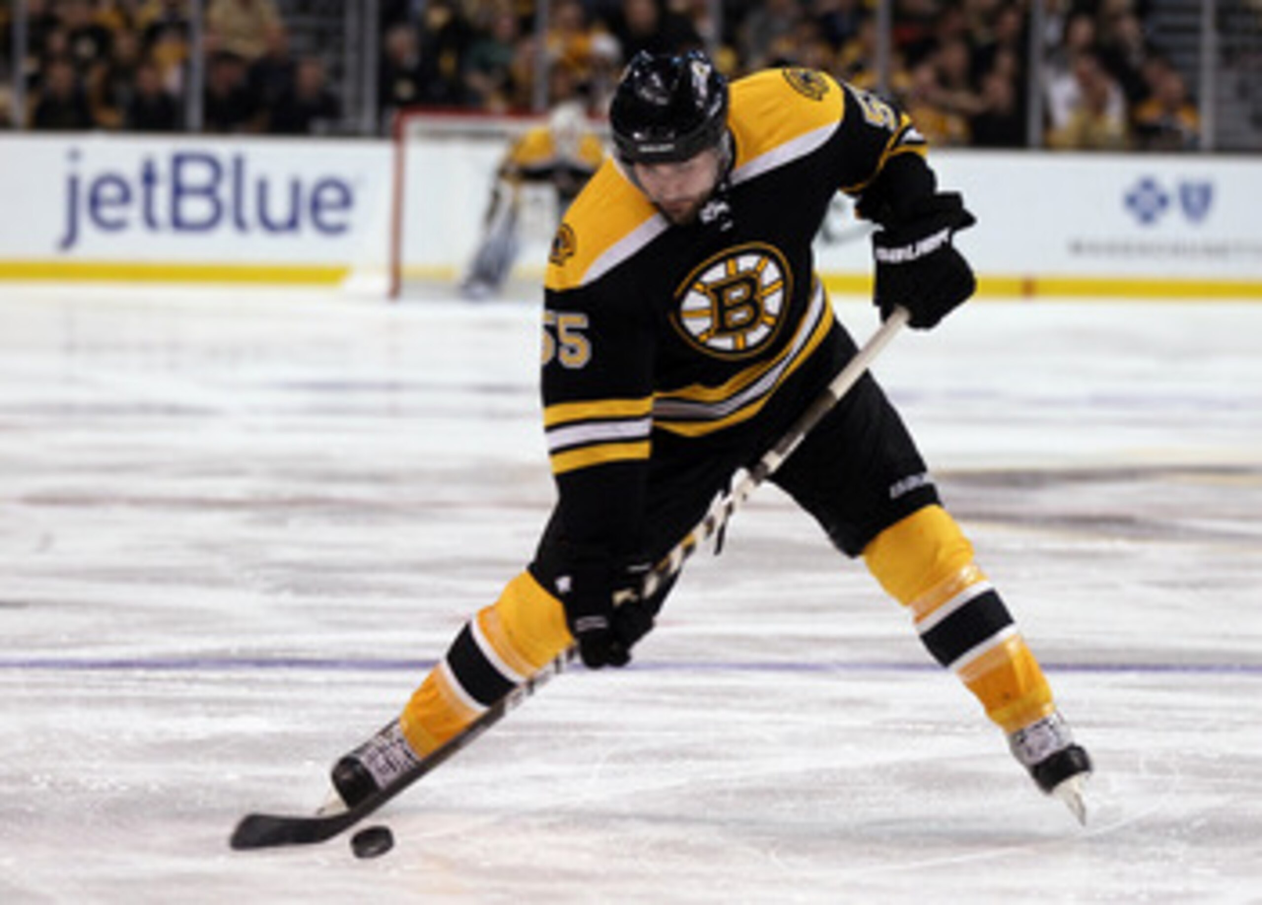 BOSTON, MA - MAY 06:  Johnny Boychuk #55 of the Boston Bruins takes a shot to score in the third period against the Philadelphia Flyers in Game Four of the Eastern Conference Semifinals during the 2011 NHL Stanley Cup Playoffs at TD Garden on May 6, 2011 