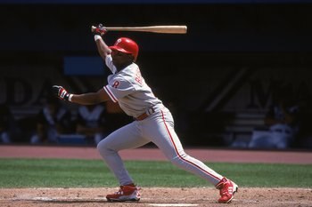 23 Apr 2000:  Desi Relaford #8 of the Philadelphia Phillies watches the ball after hitting it during the game against the Florida Marlins at the Pro Player Stadium in Miami, Florida. The Marlins defeated the Phillies 5-2. Mandatory Credit: Eliot J. Schech