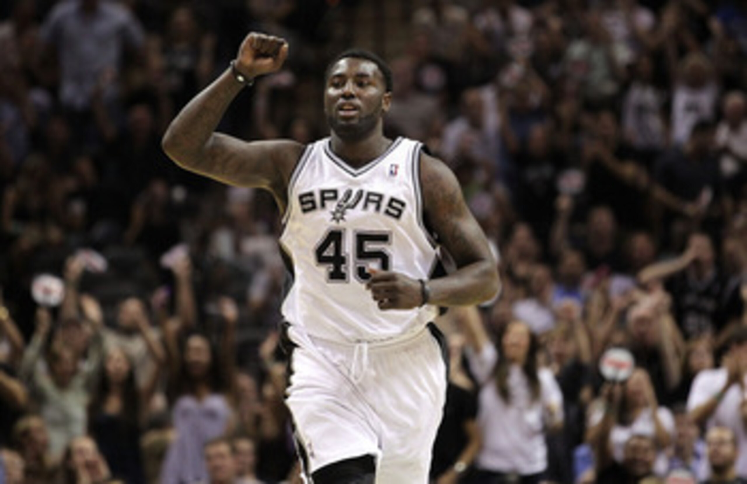 SAN ANTONIO, TX - APRIL 20: Forward DeJuan Blair #45 of the San Antonio Spurs reacts against the Memphis Grizzlies in Game Two of the Western Conference Quarterfinals in the 2011 NBA Playoffs on April 20, 2011 at AT&T Center in San Antonio, Texas. NOTE SAN ANTONIO, TX - APRIL 20: Forward DeJuan Blair #45 of the San Antonio Spurs reacts against the Memphis Grizzlies in Game Two of the Western Conference Quarterfinals in the 2011 NBA Playoffs on April 20, 2011 at AT&T Center in San Antonio, Texas. NOTE