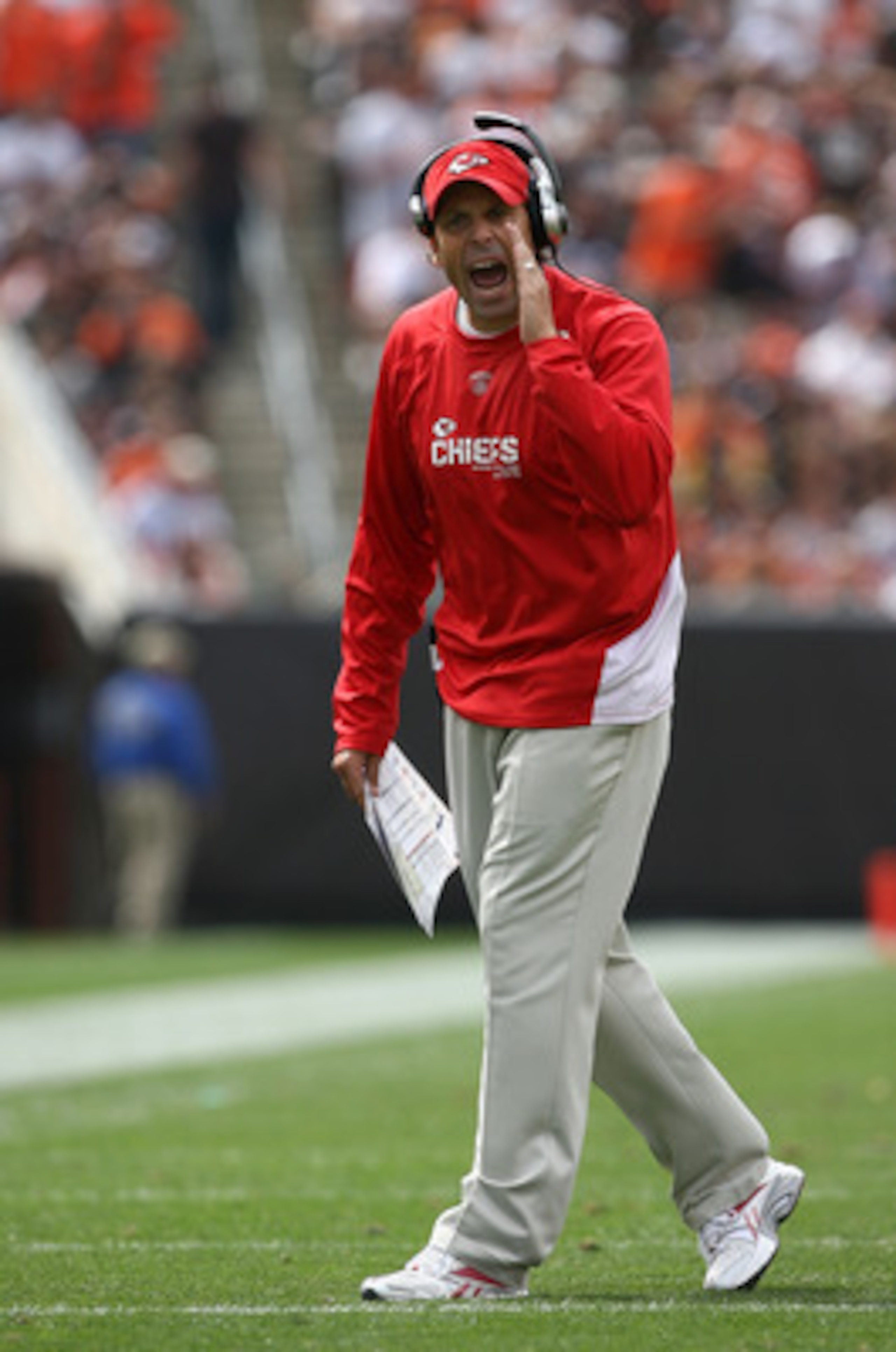 CLEVELAND - SEPTEMBER 19: Head Coach Todd Haley of the Kansas City Chiefs yells to his players against the Cleveland Browns at Cleveland Browns Stadium on September 19, 2010 in Cleveland, Ohio. (Photo by Matt Sullivan/Getty Images) CLEVELAND - SEPTEMBER 19: Head Coach Todd Haley of the Kansas City Chiefs yells to his players against the Cleveland Browns at Cleveland Browns Stadium on September 19, 2010 in Cleveland, Ohio. (Photo by Matt Sullivan/Getty Images)