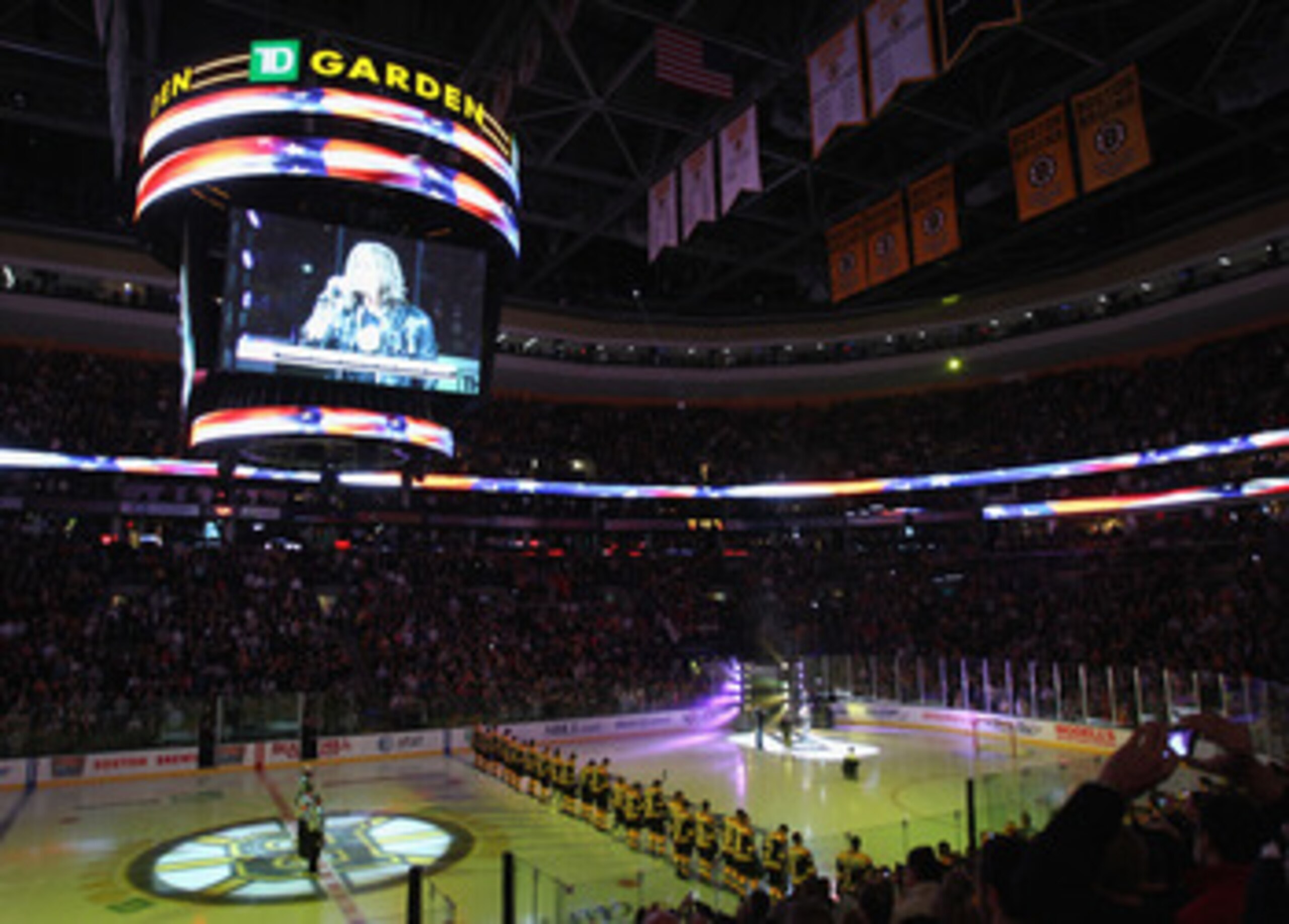 BOSTON - OCTOBER 21:  Steven Tyler of the rock group Aerosmith signs the national anthem prior too the Boston Bruins home opener against the Washington Capitals at the TD Garden on October 21, 2010 in Boston, Massachusetts.  (Photo by Bruce Bennett/Getty 