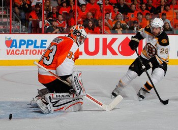 PHILADELPHIA, PA - MAY 02:  Mark Recchi #28 of the Boston Bruins shoots the puck as goalie Brian Boucher #33 of the Philadelphia Flyers makes the save in Game Two of the Eastern Conference Semifinals during the 2011 NHL Stanley Cup Playoffs at Wells Fargo
