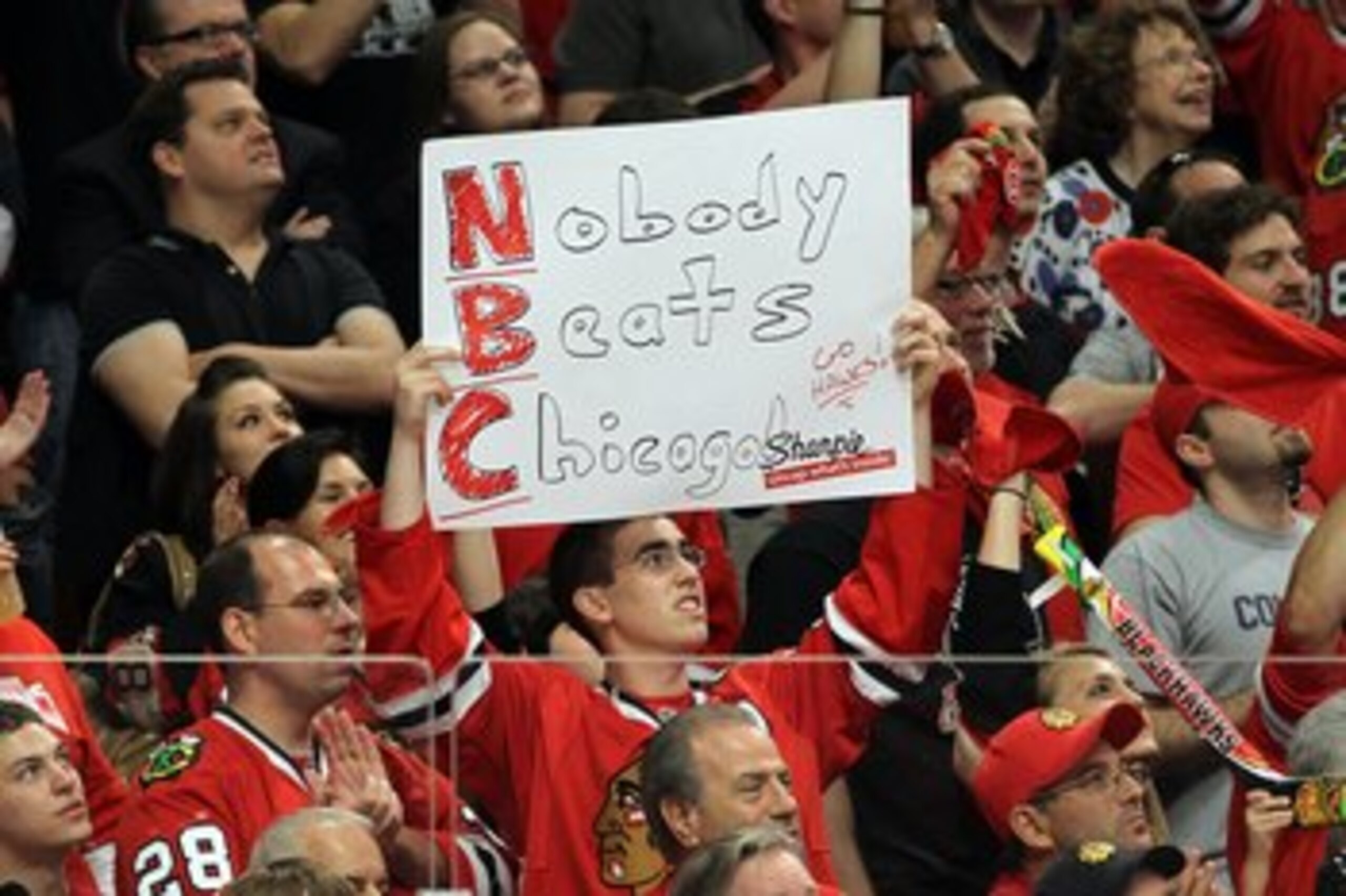CHICAGO - MAY 23:  Chicago Blackhawks fans hold up a sign while the Blackhawks take on the San Jose Sharks in Game Four of the Western Conference Finals during the 2010 NHL Stanley Cup Playoffs at the United Center on May 23, 2010 in Chicago, Illinois.  (