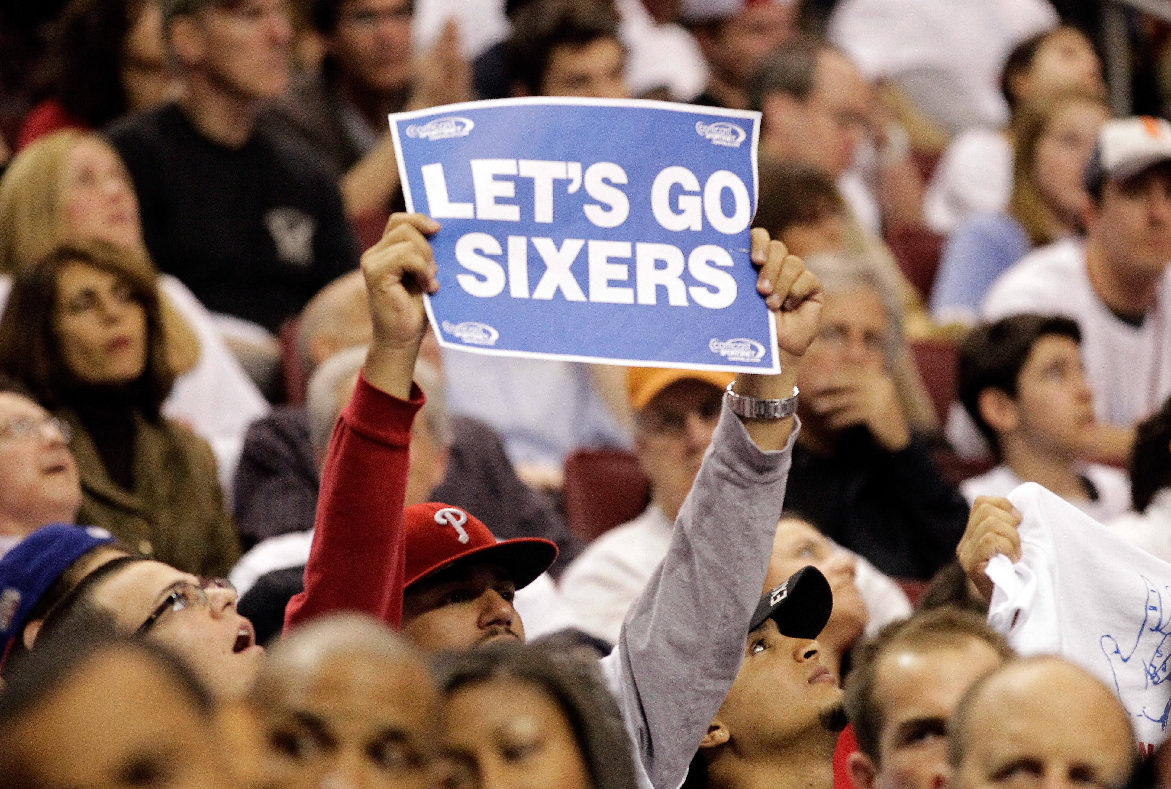 PHILADELPHIA, PA - APRIL 21: A Philadelphia 76ers fan holds up a sign in Game Three of the Eastern Conference Quarterfinals against the Miami Heat at Wells Fargo Center on April 21, 2011 in Philadelphia, Pennsylvania.NOTE TO USER: User expressly acknowled