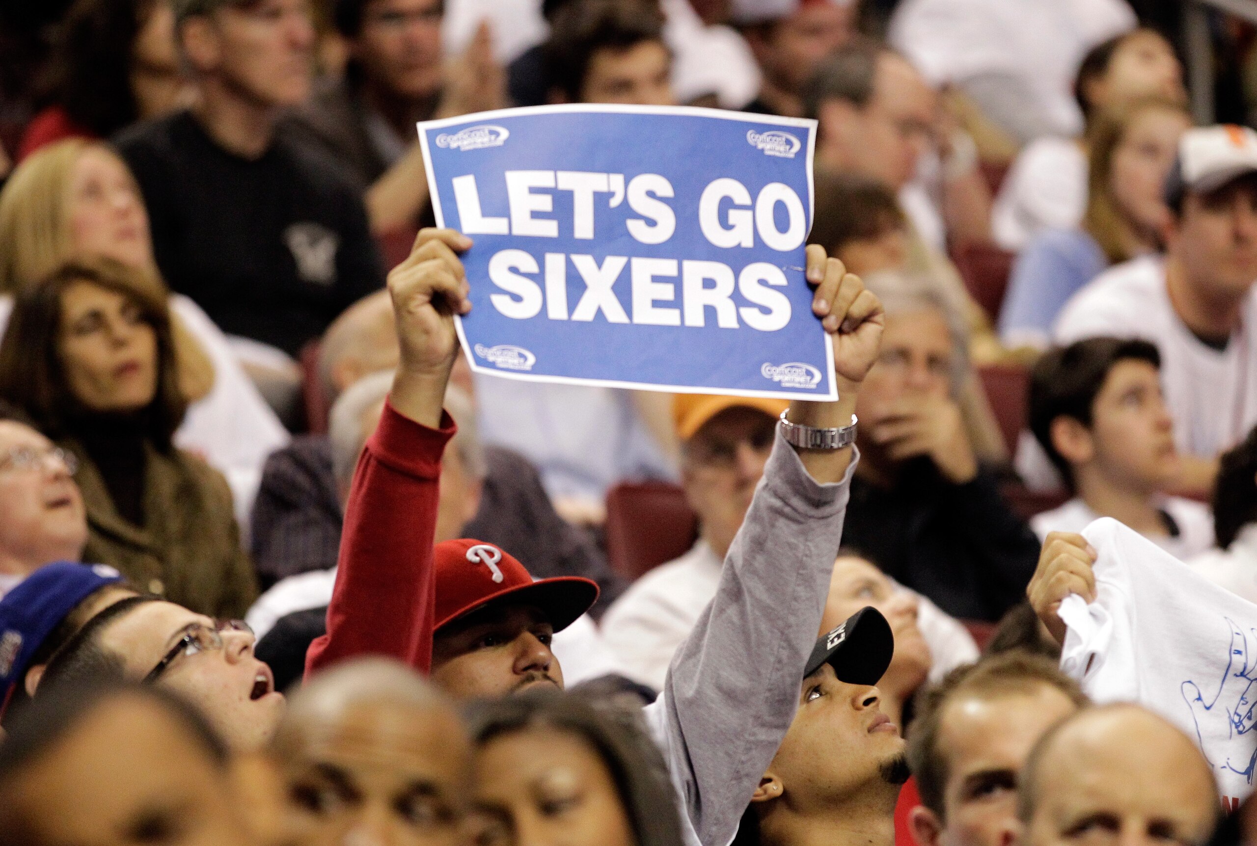 PHILADELPHIA, PA - APRIL 21: A Philadelphia 76ers fan holds up a sign in Game Three of the Eastern Conference Quarterfinals against the Miami Heat at Wells Fargo Center on April 21, 2011 in Philadelphia, Pennsylvania.NOTE TO USER: User expressly acknowled