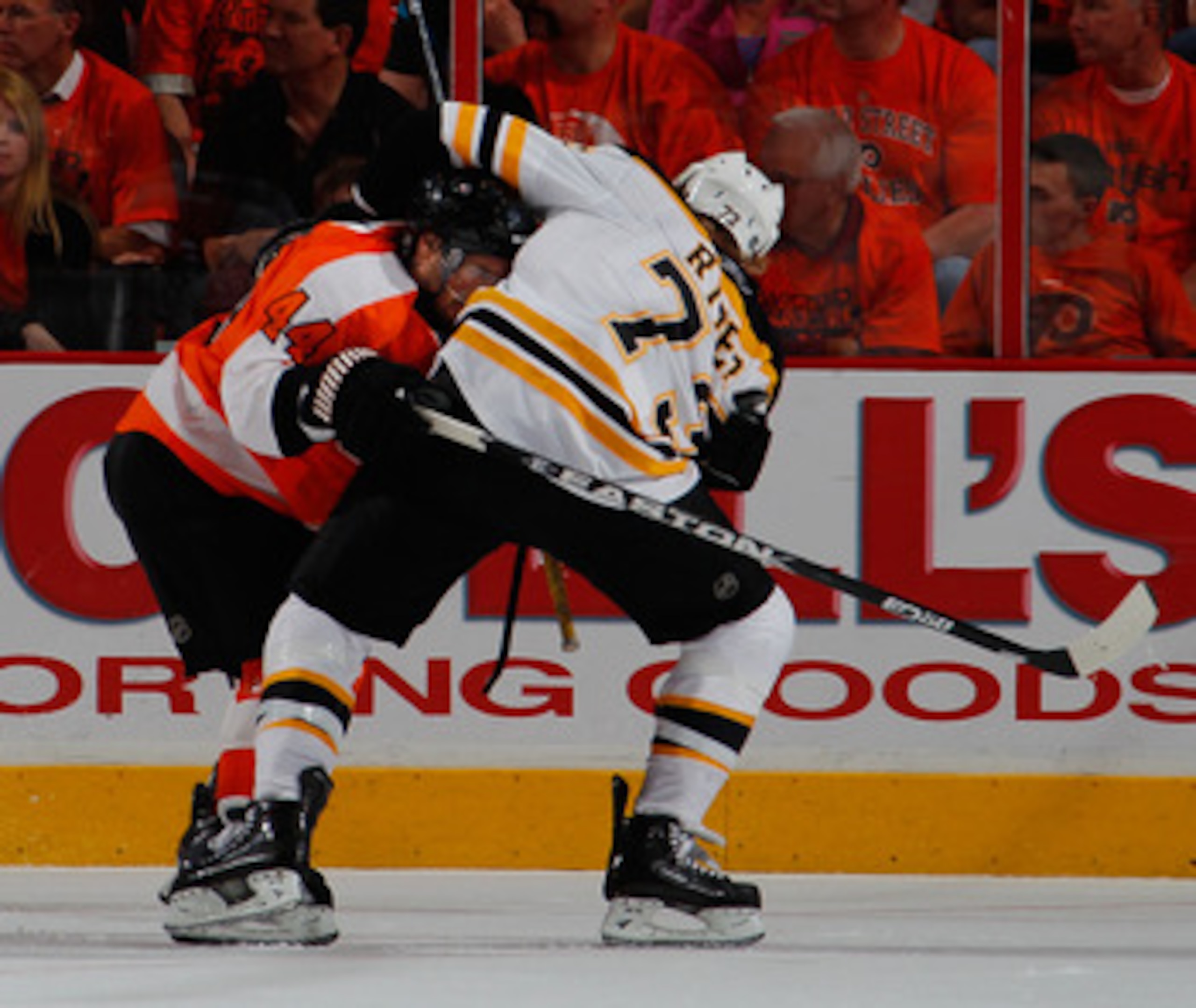 PHILADELPHIA, PA - MAY 02:  Michael Ryder #73 of the Boston Bruins checks Kimmo Timonen #44 of the Philadelphia Flyers during the third period of Game Two of the Eastern Conference Semifinals during the 2011 NHL Stanley Cup Playoffs at Wells Fargo Center 